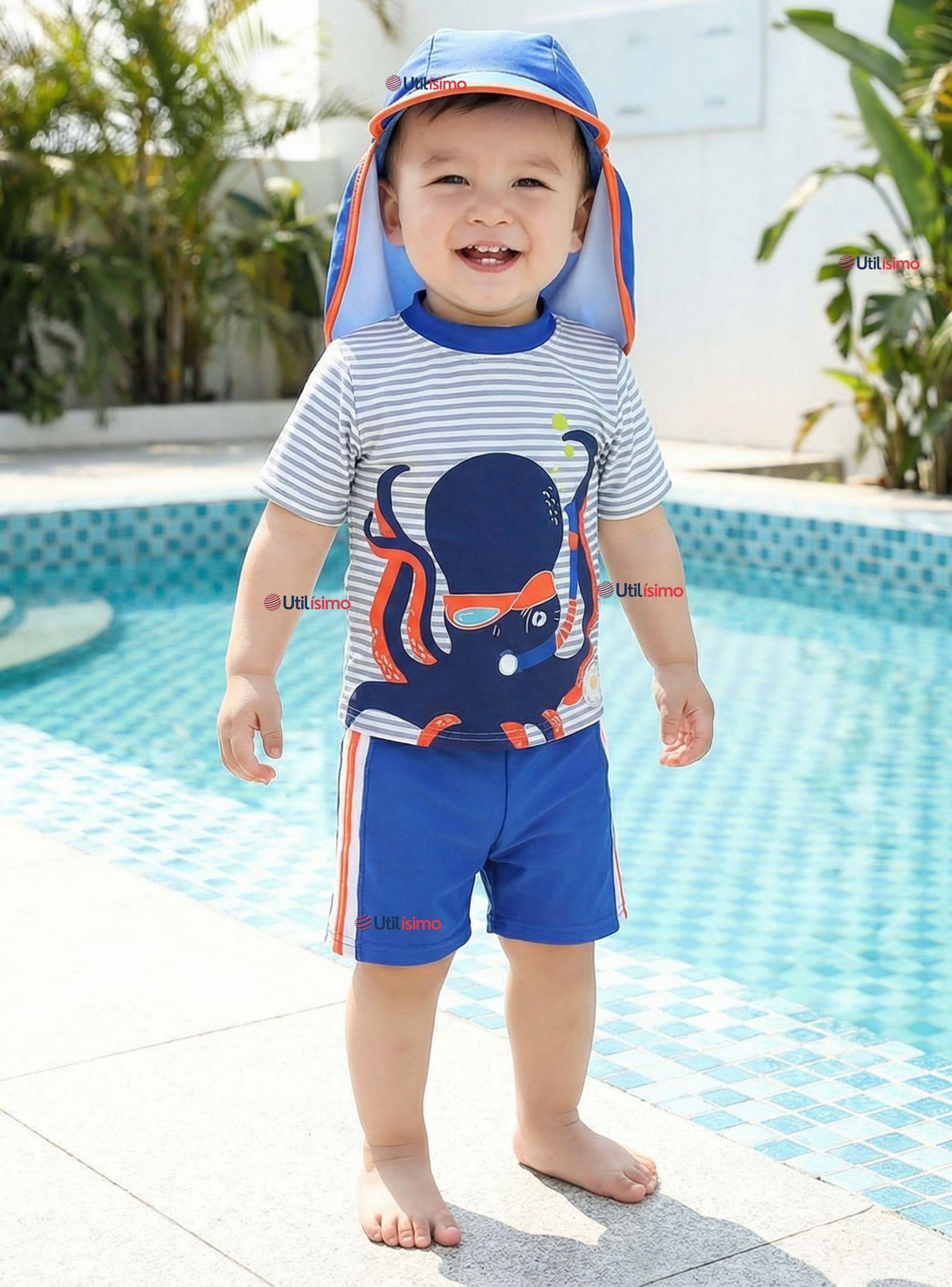 Traje de Baño Con Gorro Pantalón Corto Manga Corta 3 Piezas Niño 1 a 5 años Blue Octopus-0