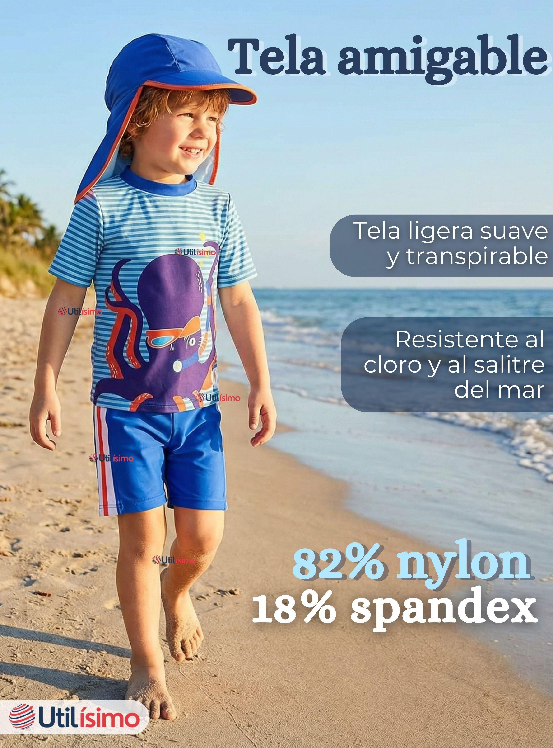 Traje de Baño Con Gorro Pantalón Corto Manga Corta 3 Piezas Niño 1 a 5 años Blue Octopus-2