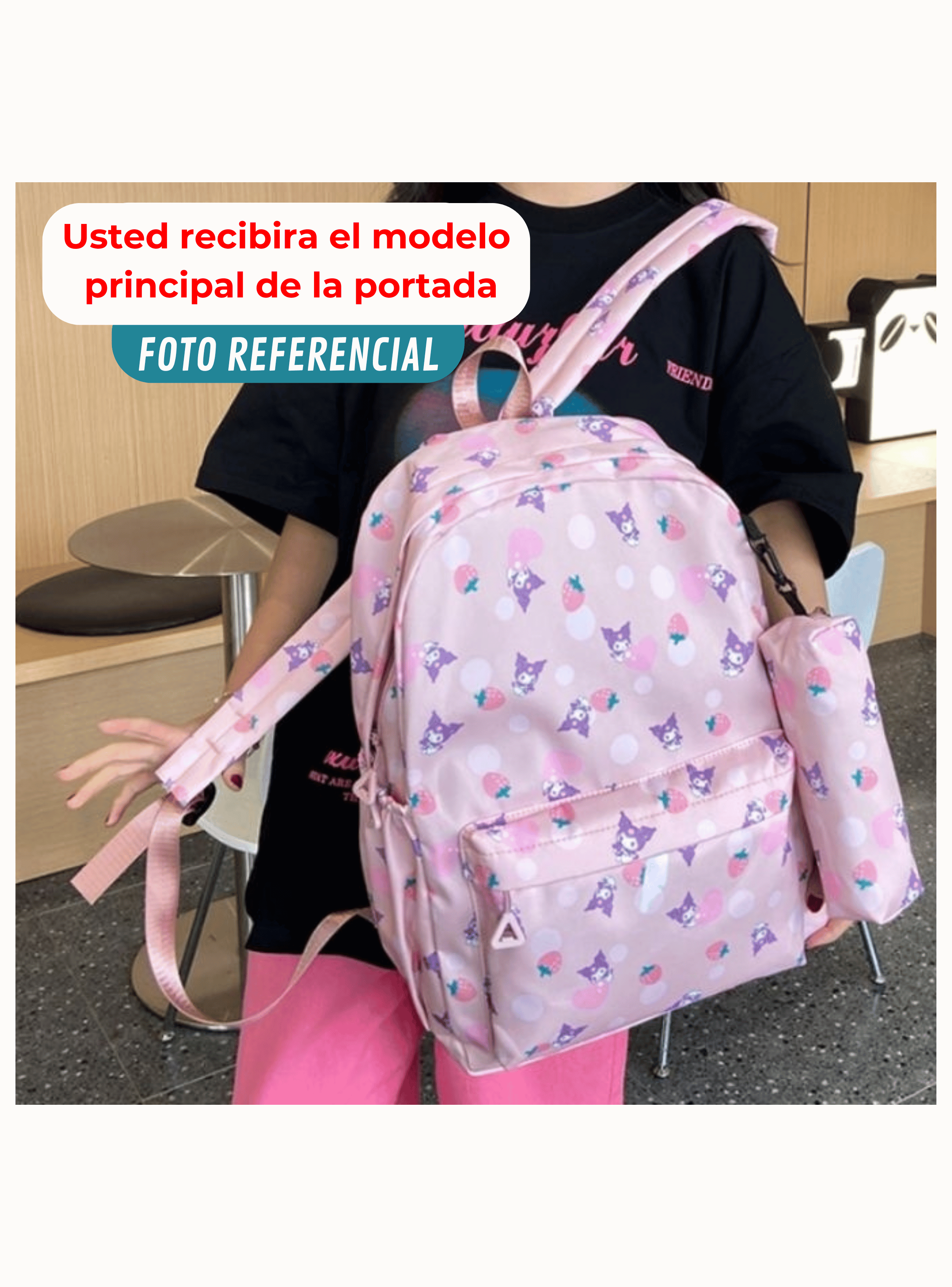 Mochila Kuromi Escolar 44cm Sanrio Estilo Kawaii Pink-2