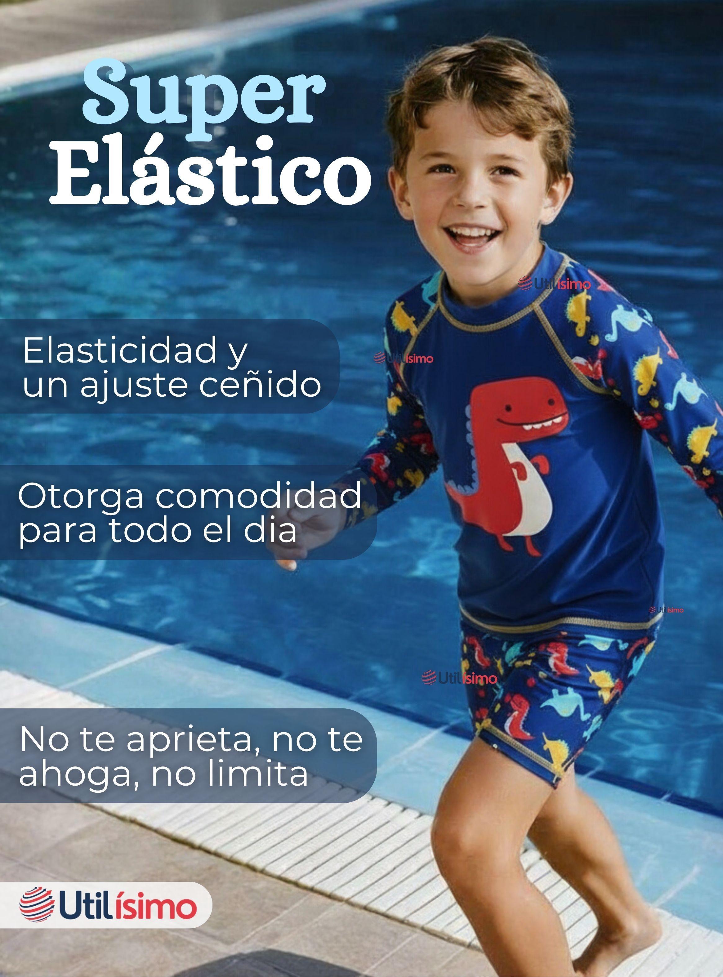 Traje de Baño Manga Larga Pantalón Corto 2 Piezas para Niños 3 a 9 años Blue Dinosaur-5