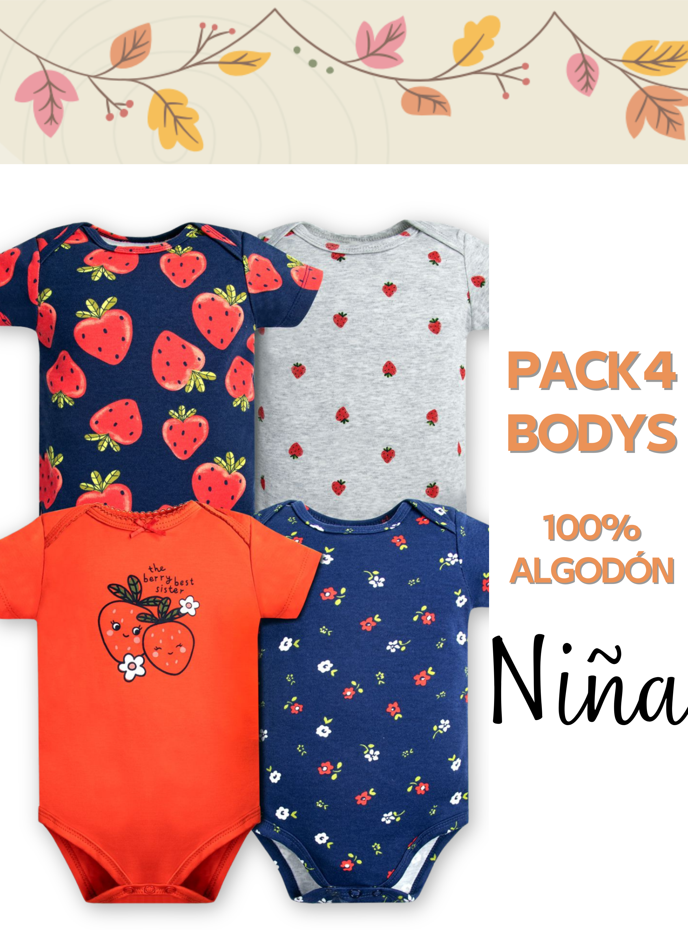 Pack 4 Bodys Niña Manga Corta Tedmimak 100% Algodón Fresas Rojo-4