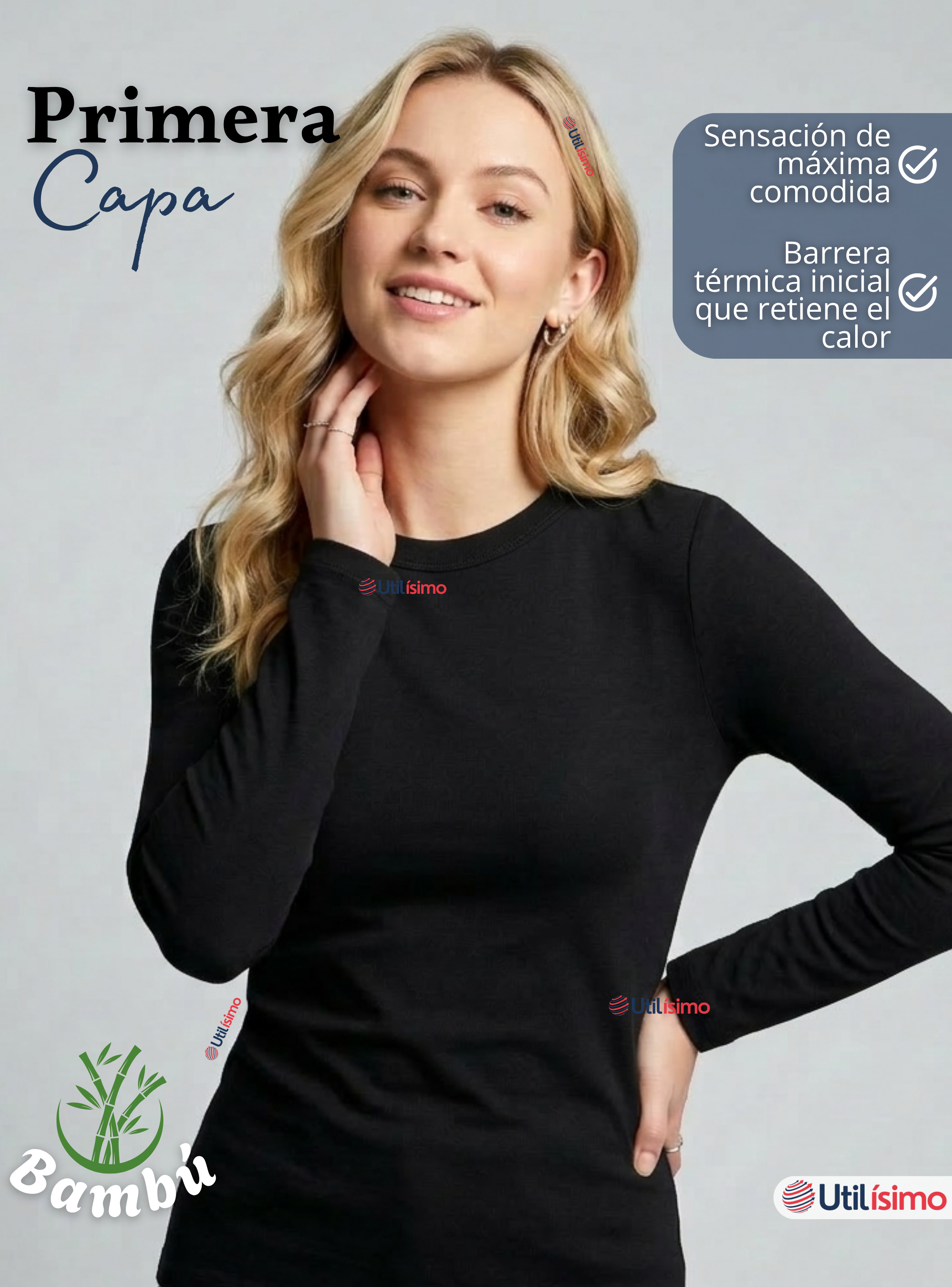 Pack 6 Camisetas Poleras Bambú Primera Capa Negro Manga Larga Mujer-4