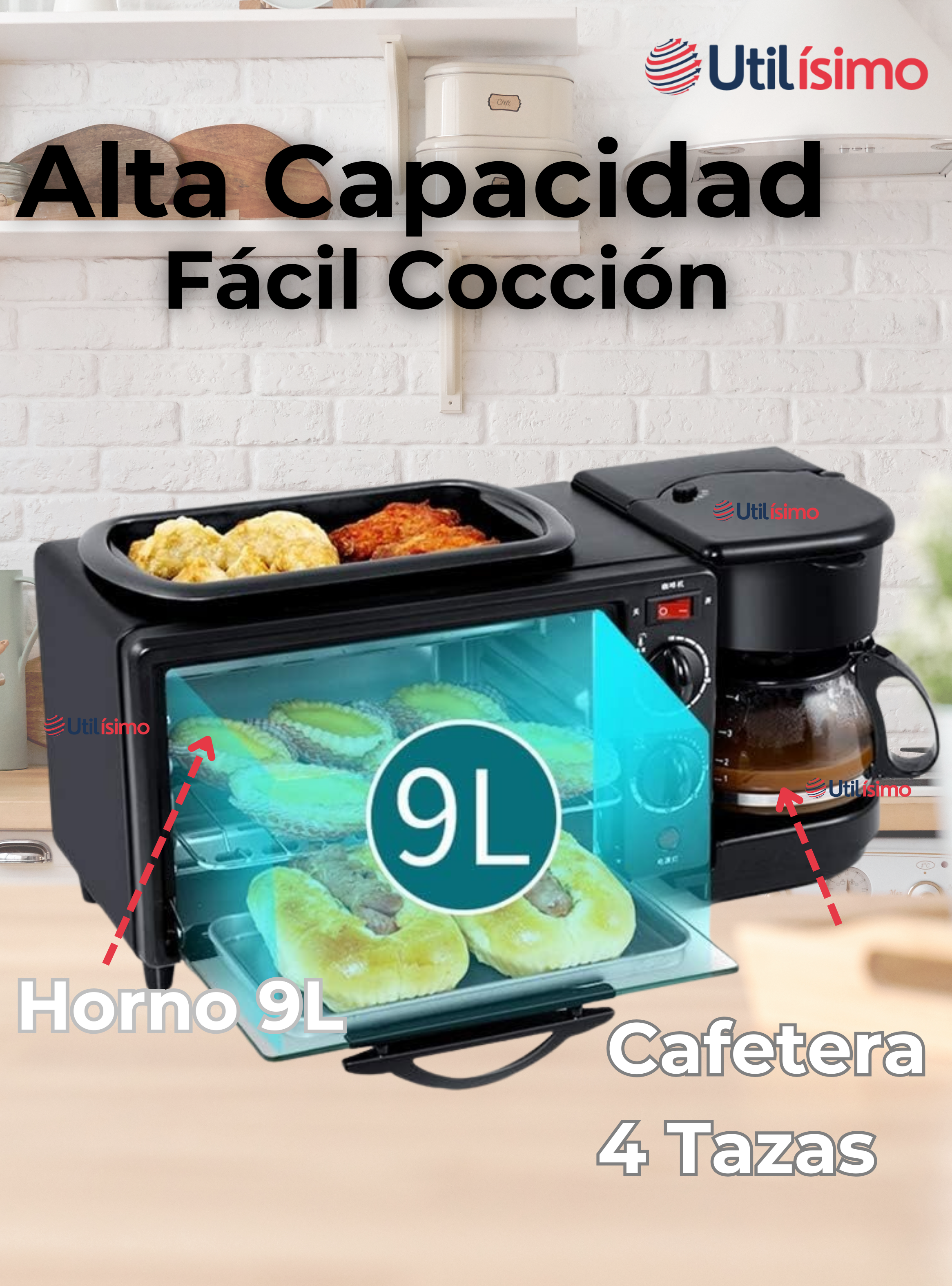 Maquina Desayuno Multifuncional 3 En 1 Horno Cafetera Sartén antiadherente -6