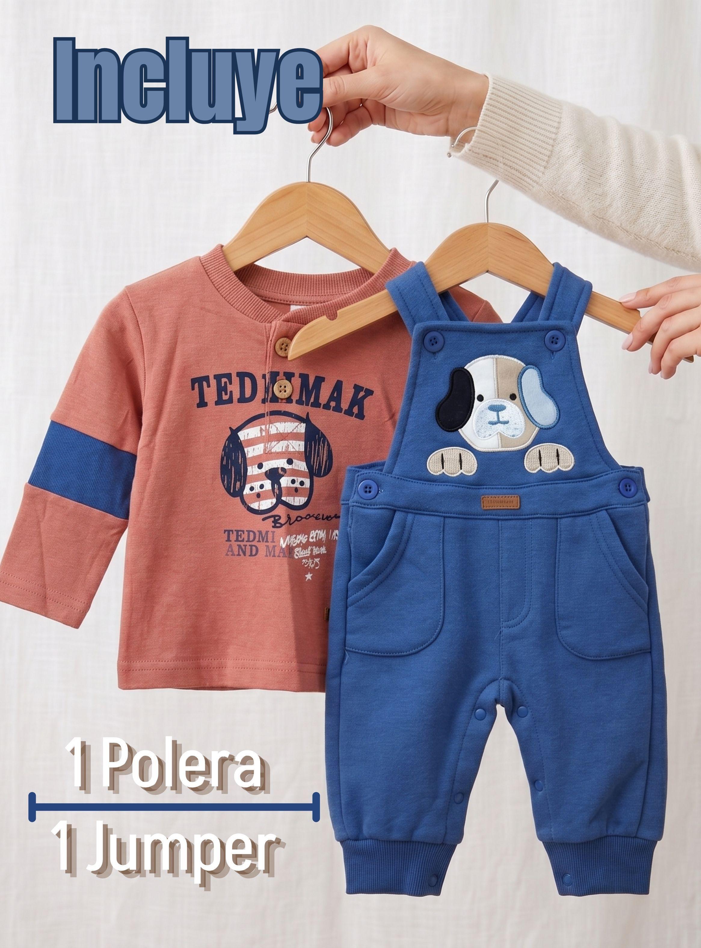 Conjunto 2 Piezas Jardinera Polera Manga Larga 100% Algodón Bebé Niño Jumper Tedmimak Adorable Puppy-2