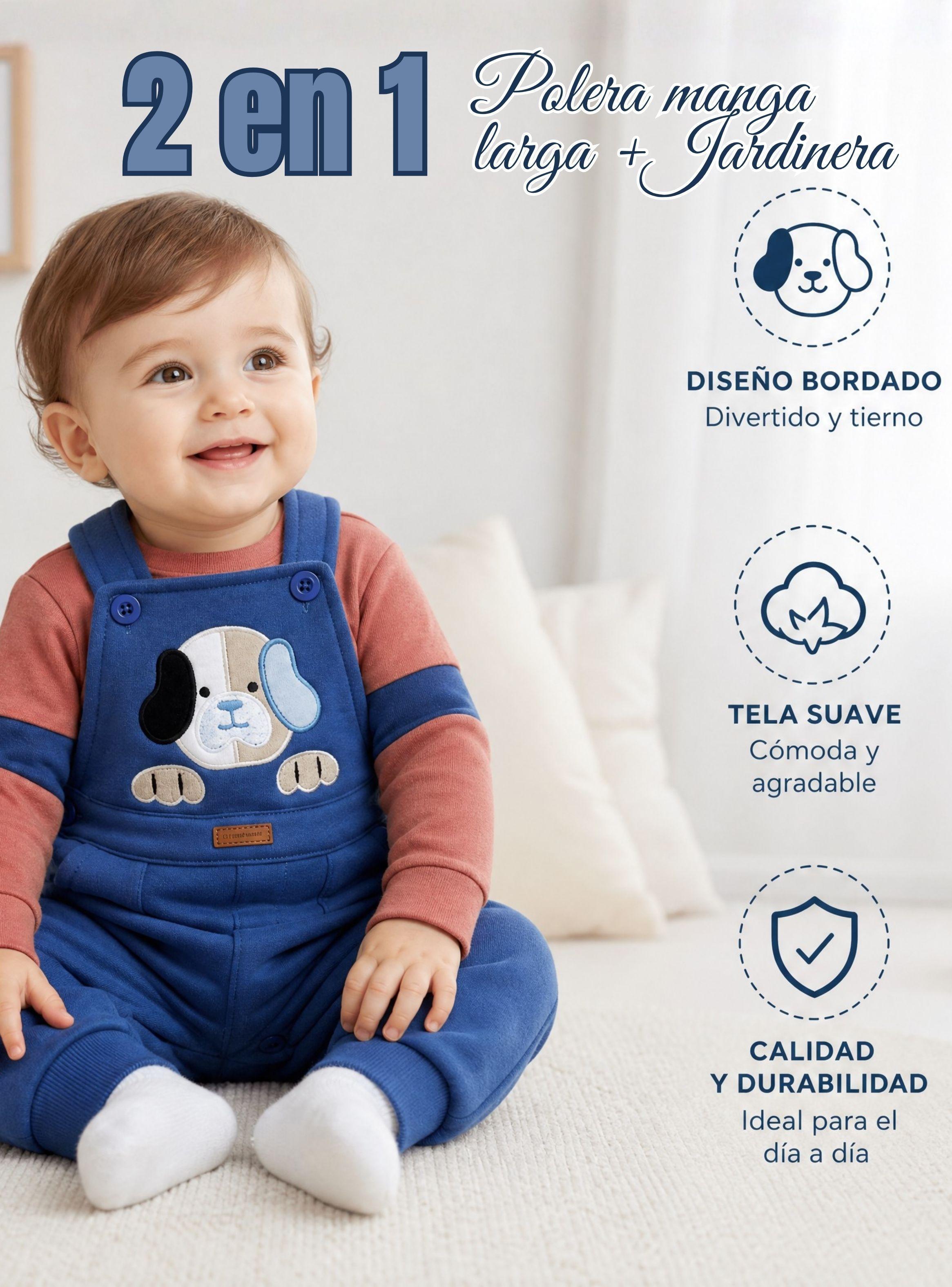 Conjunto 2 Piezas Jardinera Polera Manga Larga 100% Algodón Bebé Niño Jumper Tedmimak Adorable Puppy-6