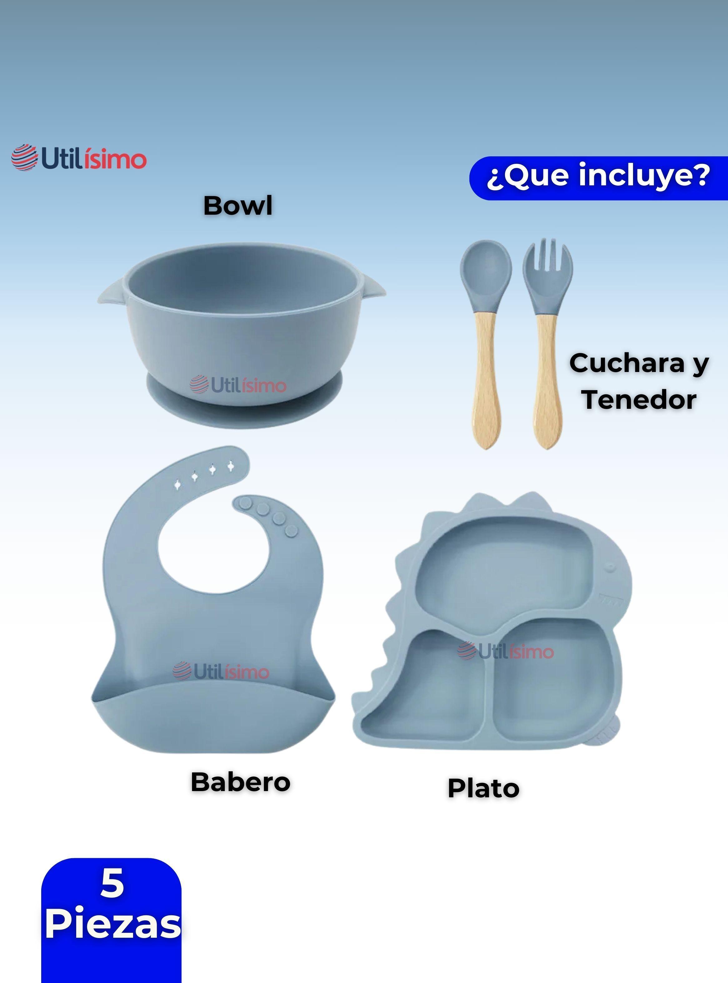 Set De Alimentación Bebé Silicona 5 Piezas Dinosaurio Libre BPA Celeste-4