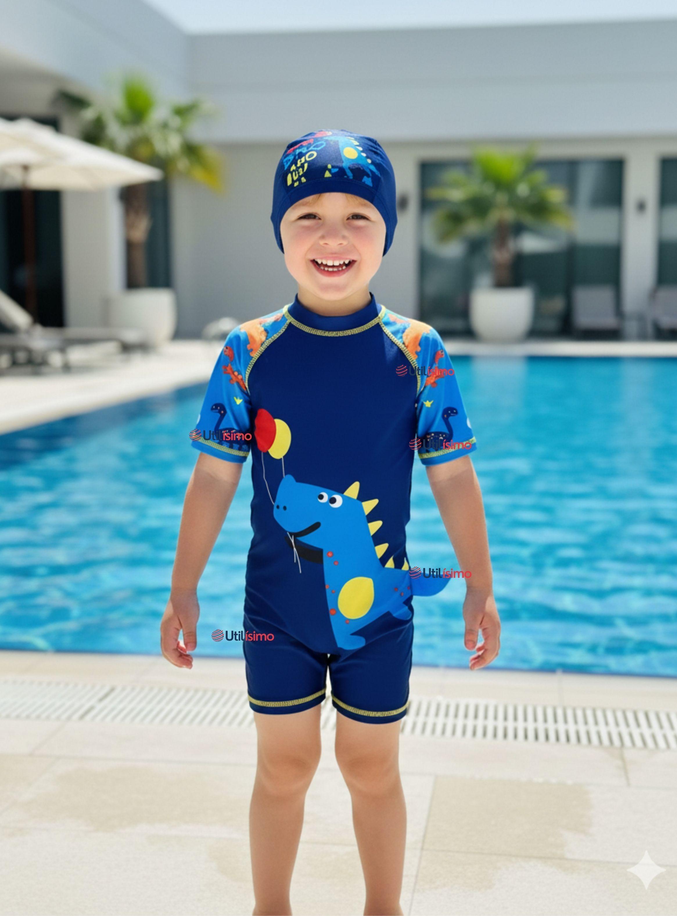 Traje de Baño Enterito Cremallera Manga Corta Con Gorro para Niños 2 a 4 años Blue Dinosaurio-0