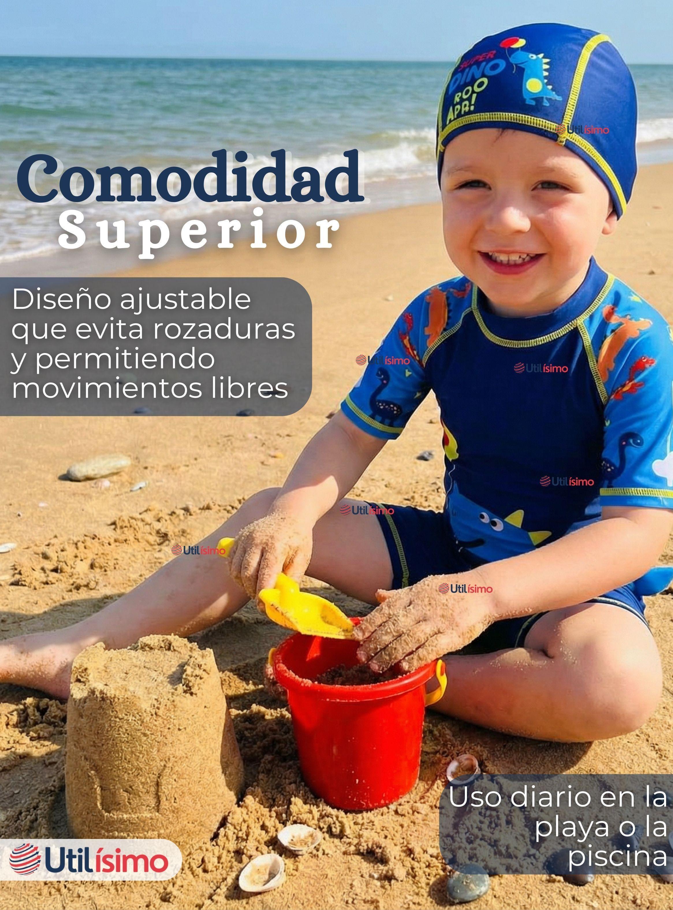 Traje de Baño Enterito Cremallera Manga Corta Con Gorro para Niños 2 a 4 años Blue Dinosaurio-6