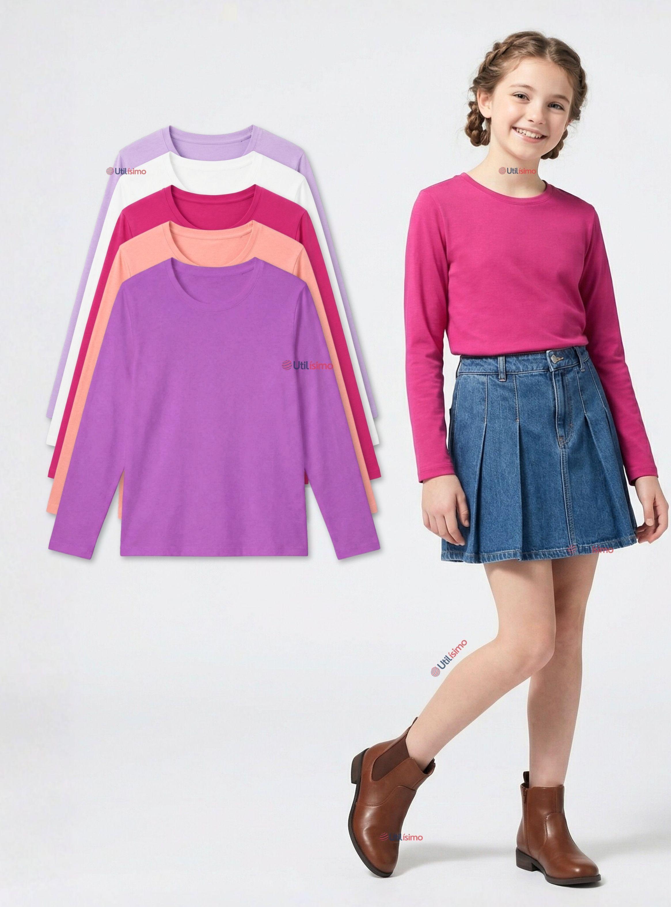 Polera Camiseta Polar Primera Capa Cuello Redondo Manga Larga Colores Surtidos para Niñas-0