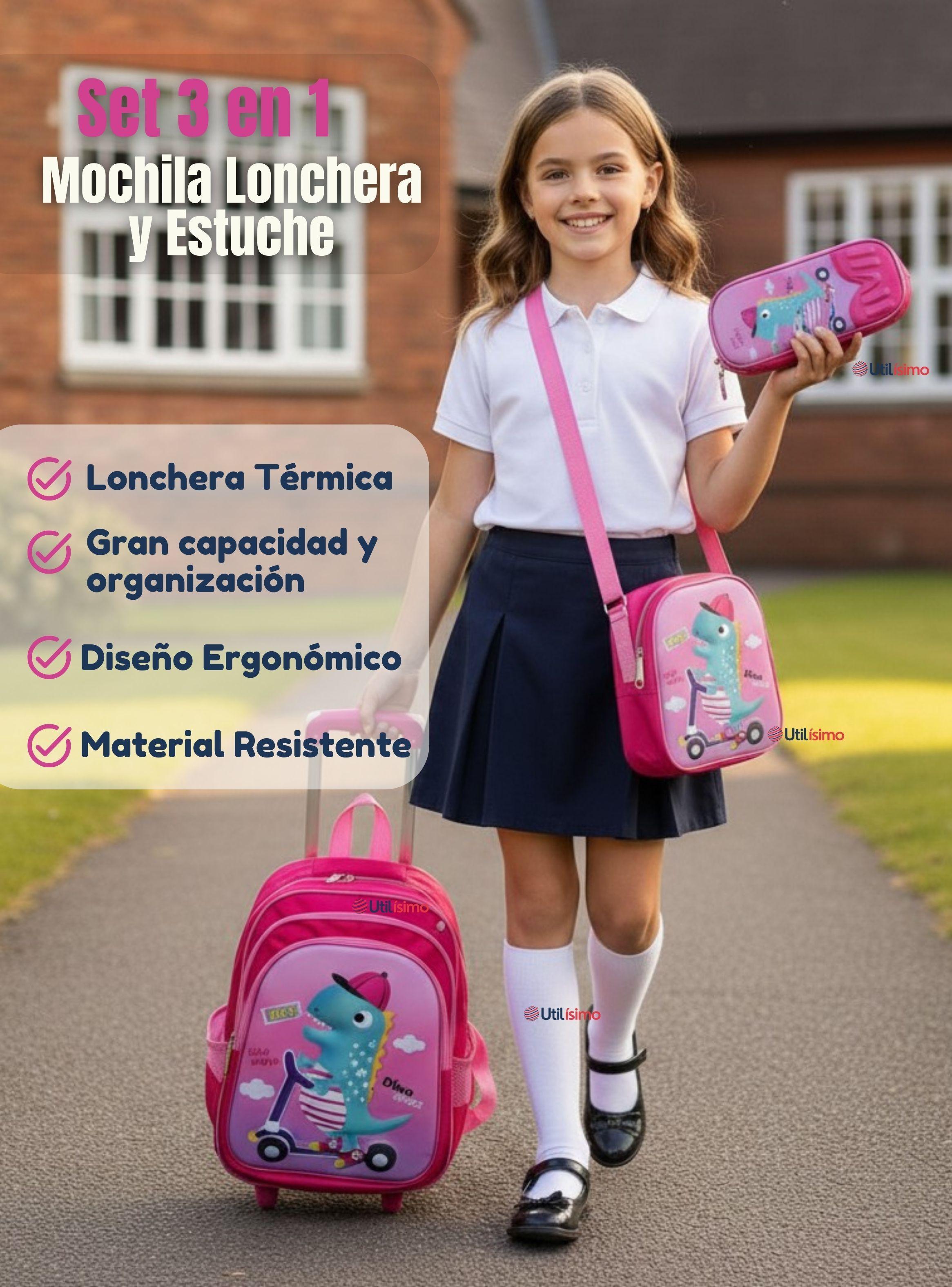 Mochila Escolar Con Ruedas + Estuche y Lonchera de Poliéster para Niñas-2