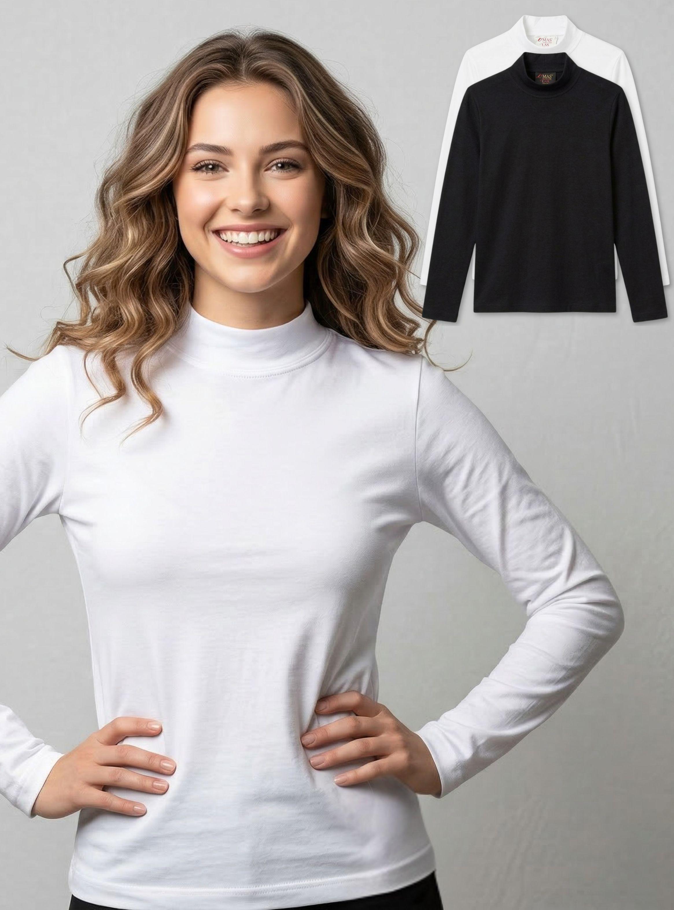 Pack 6 Camisetas Poleras Algodón Primera Capa Cuello Beatle Manga Larga Blanco Negro Mujer-1