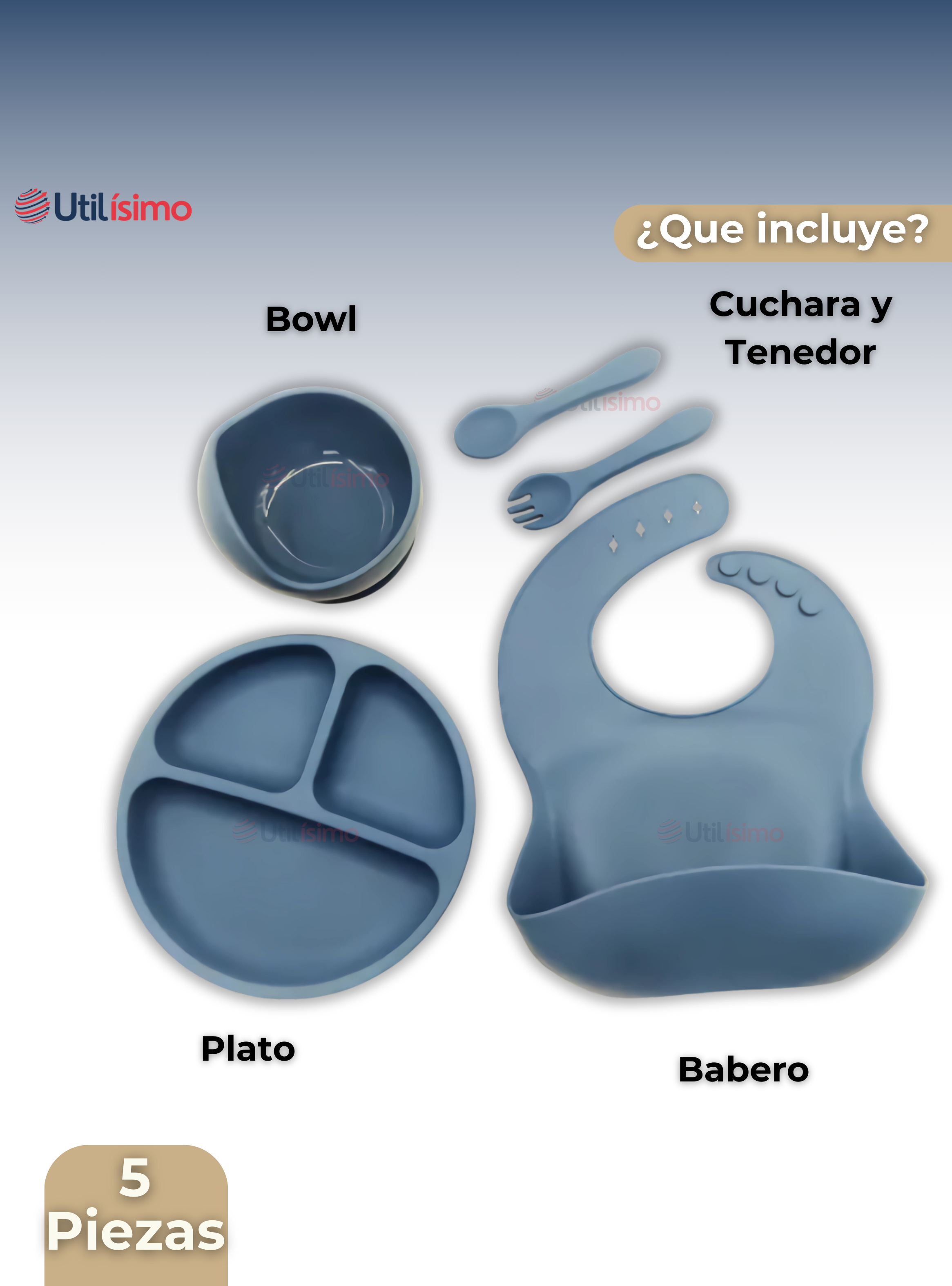 Set De Alimentación Bebé Silicona 5 Piezas Libre BPA Azul-2