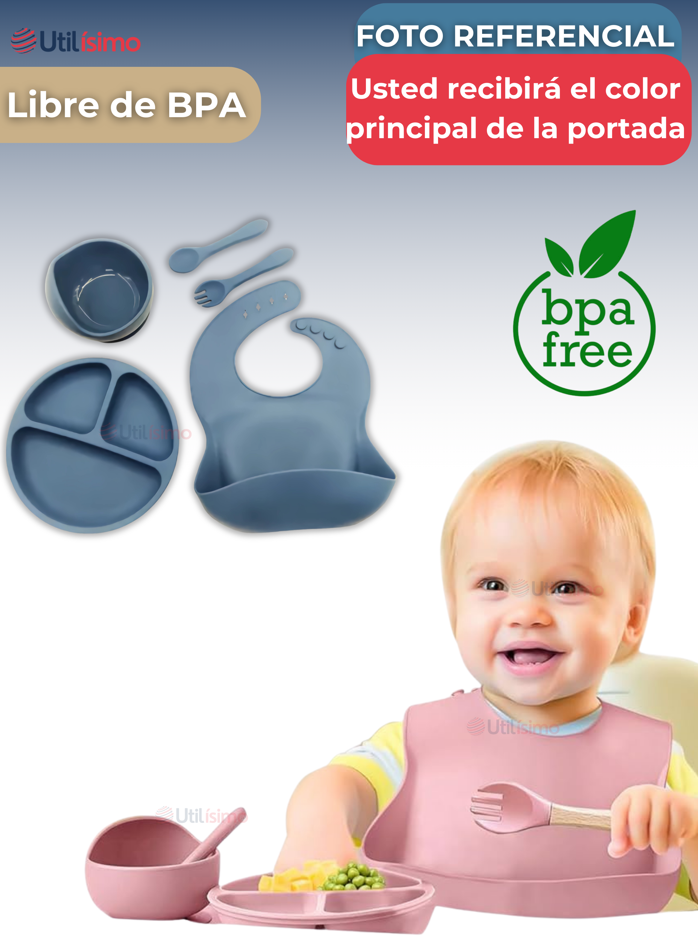 Set De Alimentación Bebé Silicona 5 Piezas Libre BPA Azul-3