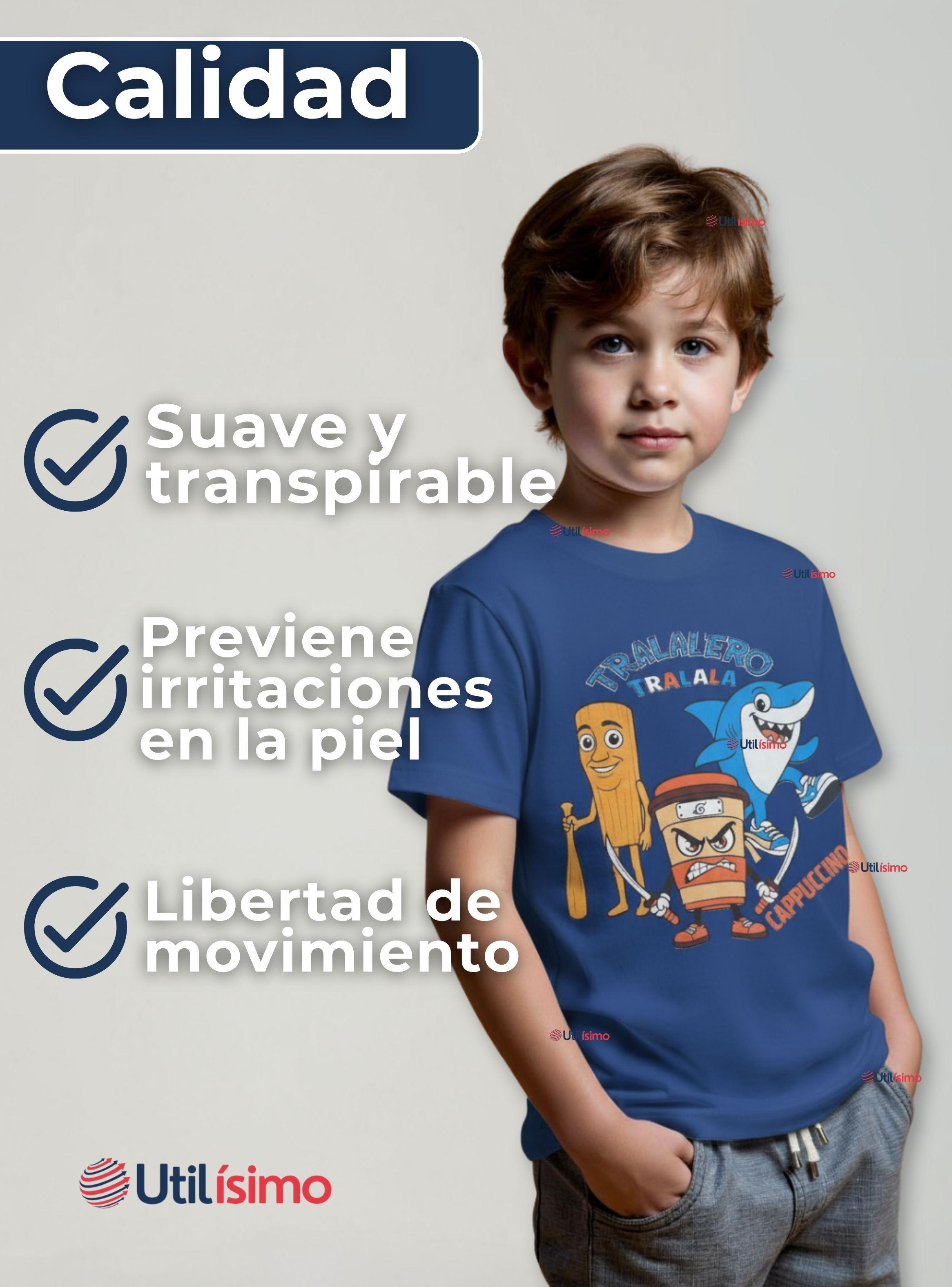 Polera Brainrots 100% Algodón Manga Corta Niños Tralalero Azul-4