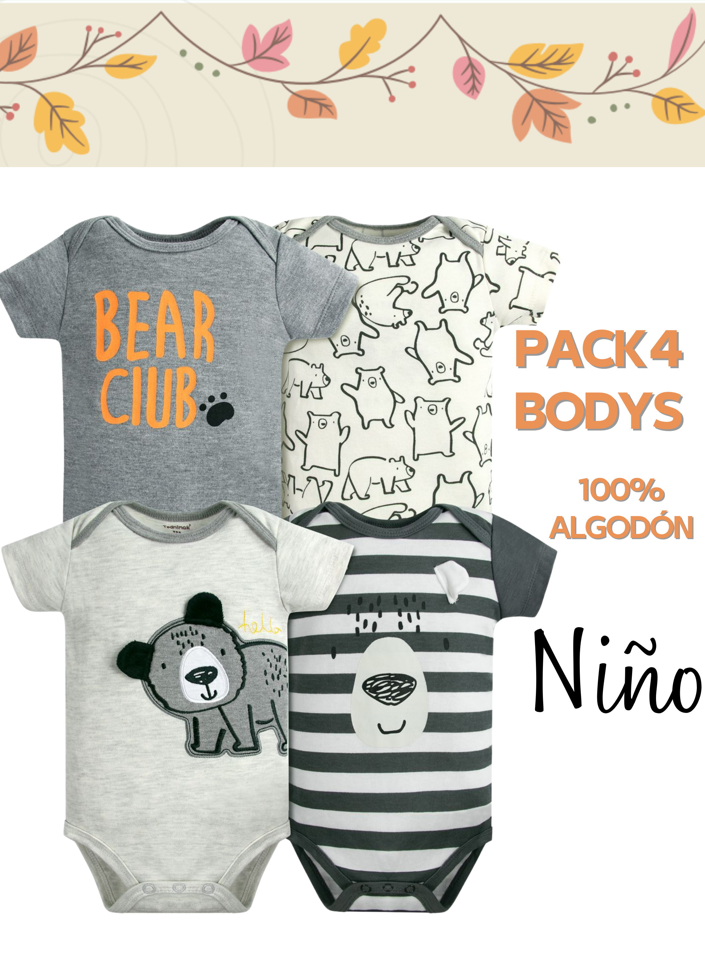 Pack 4 Bodys Niño Manga Corta Tedmimak 100% Algodón Bear Club-4