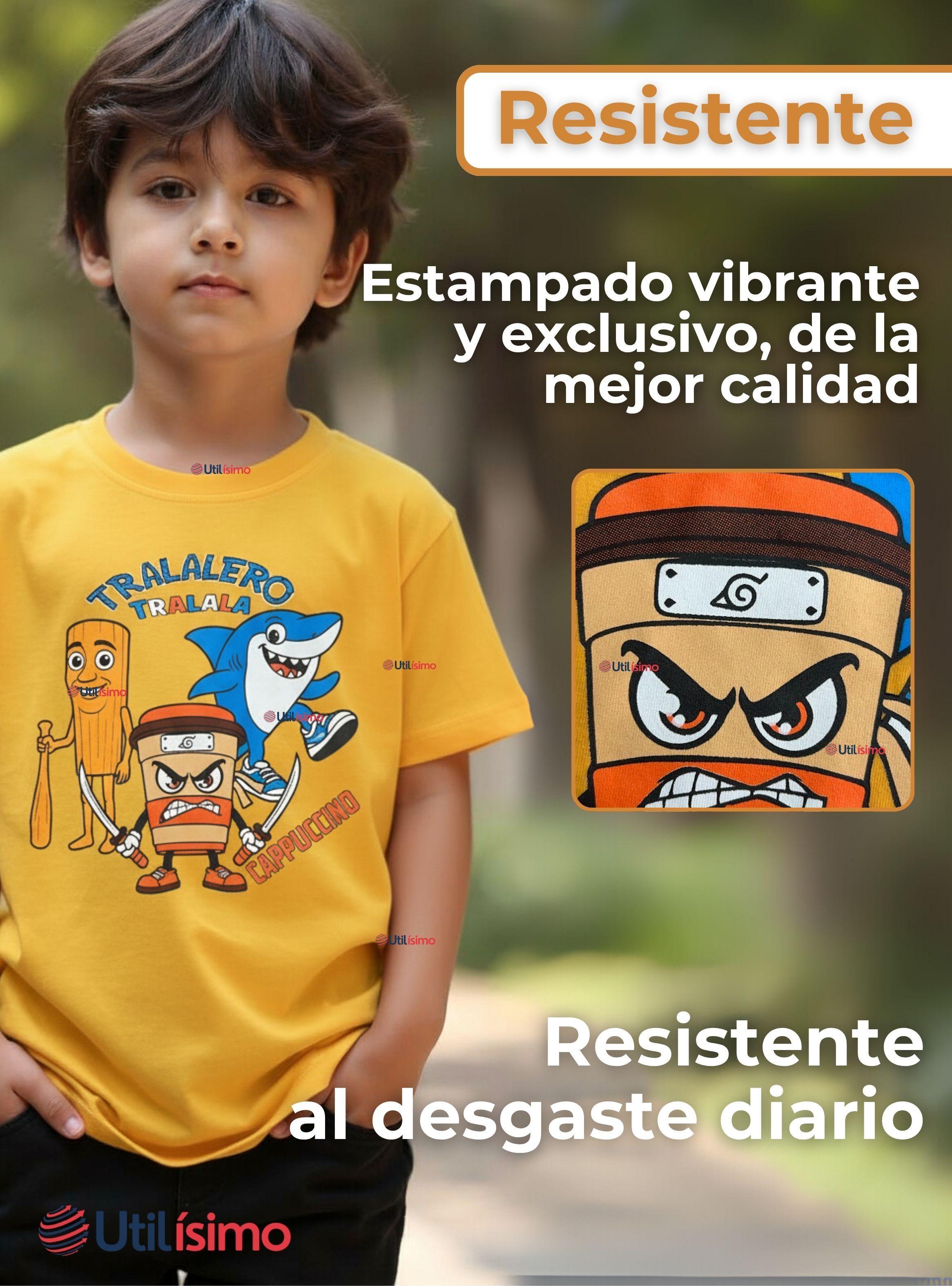 Polera Brainrots 100% Algodón Manga Corta Niños Tralalero Amarillo-3