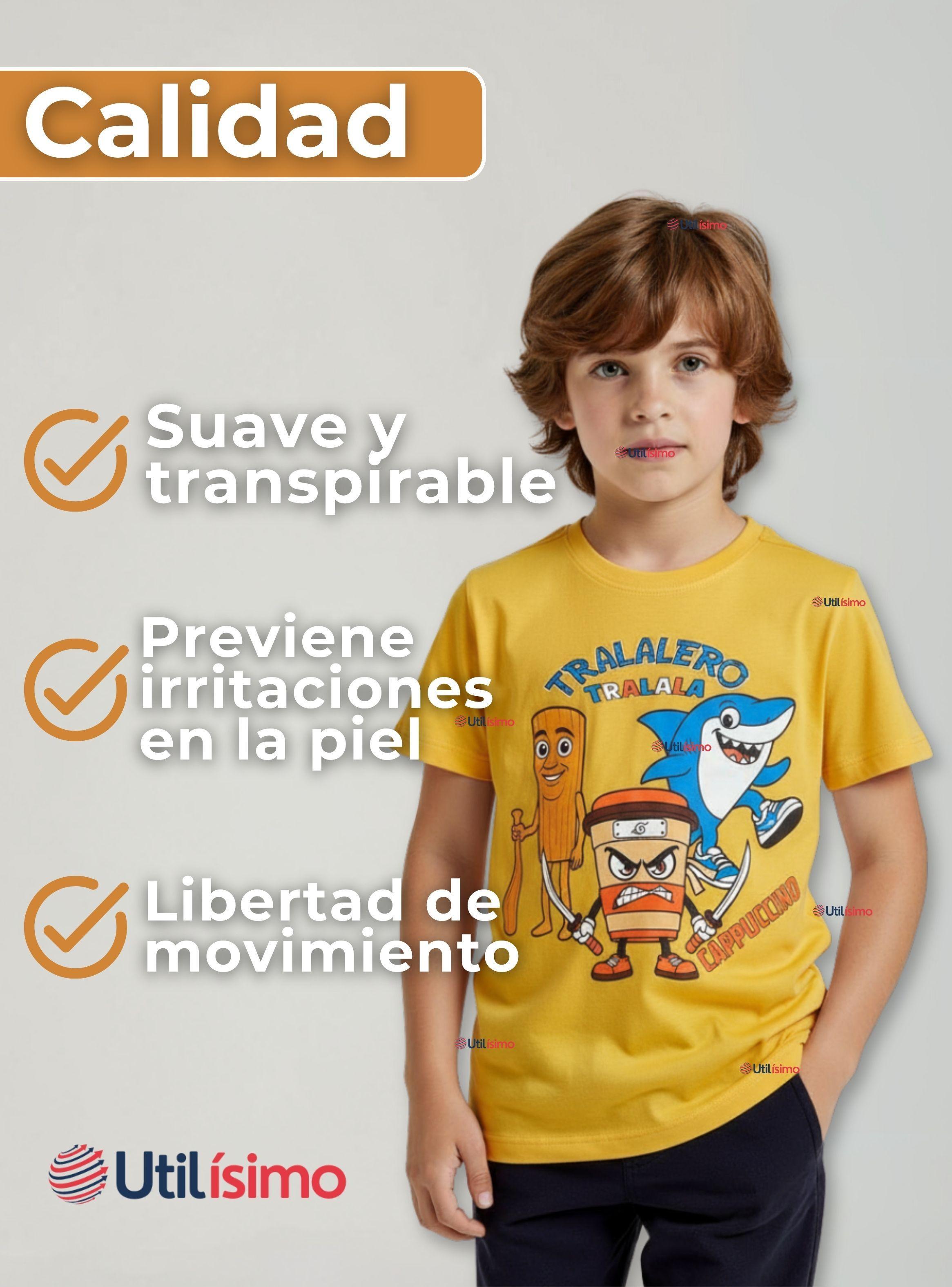 Polera Brainrots 100% Algodón Manga Corta Niños Tralalero Amarillo-4
