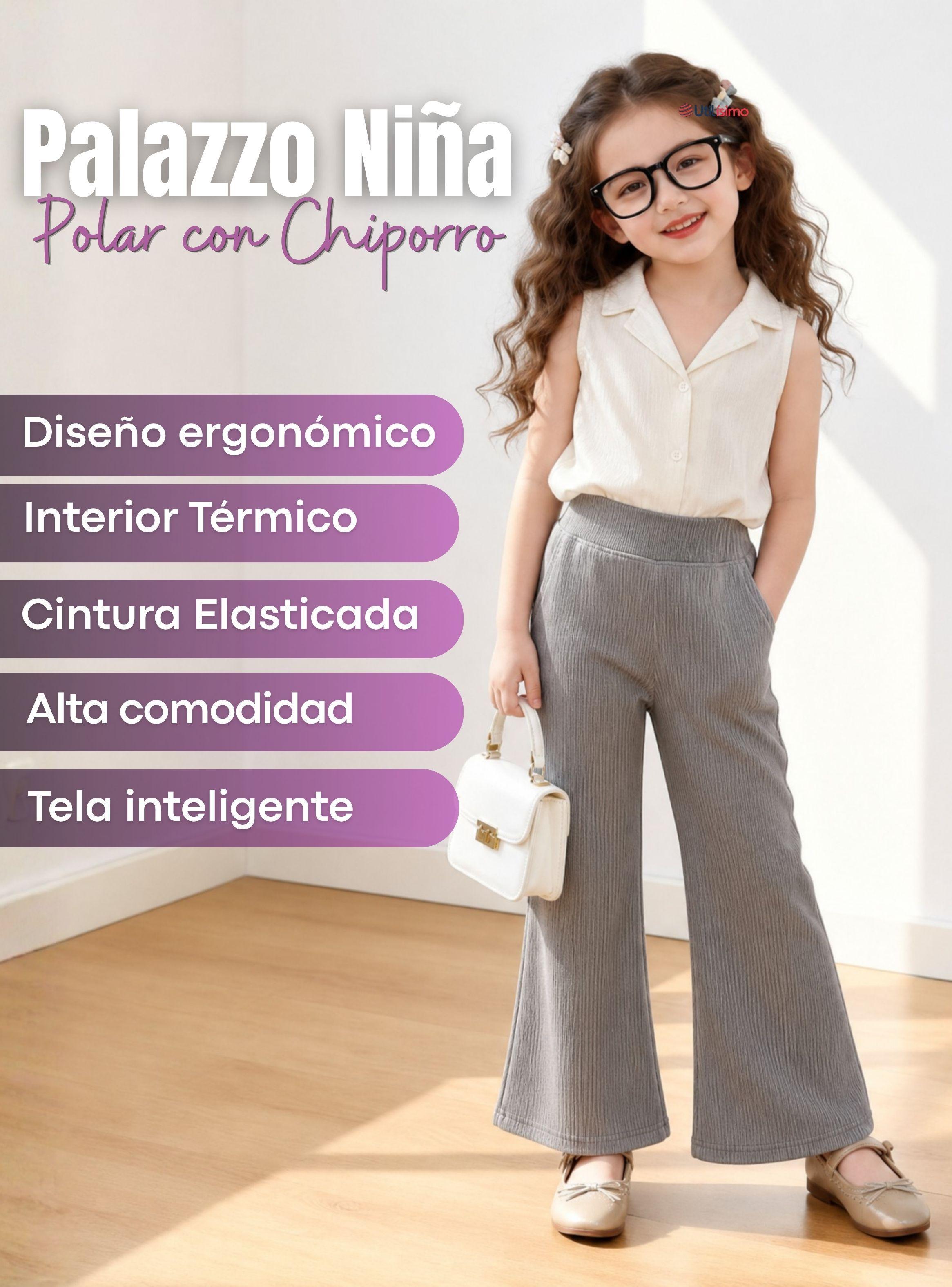 Pantalón Palazzo Niña Polar Con Chiporro Térmica Calza Elasticada Gris Melange-3