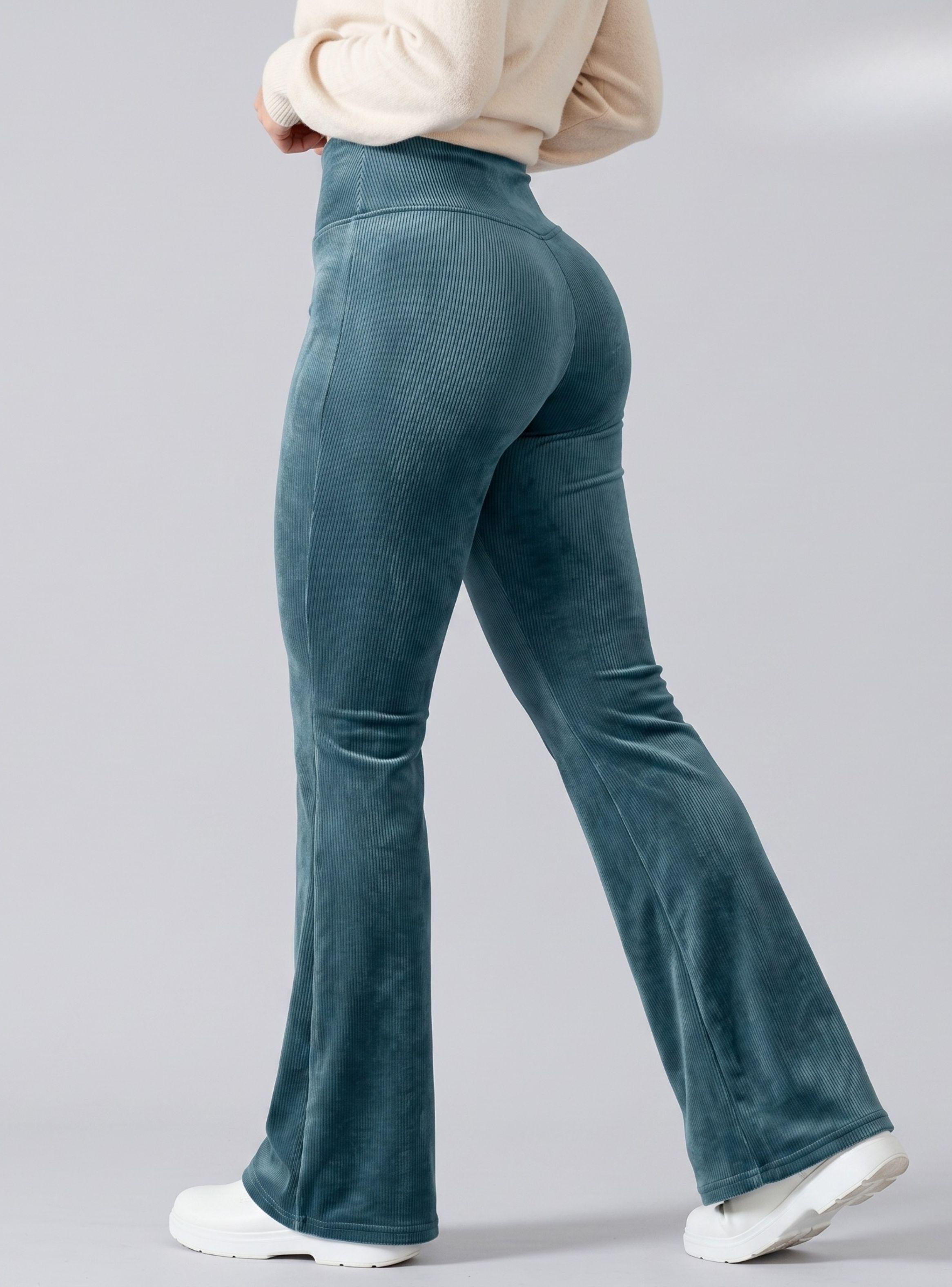 Pantalón Cotelé Palazzo Polar Con Chiporro Elasticado Térmico Color Verde -0