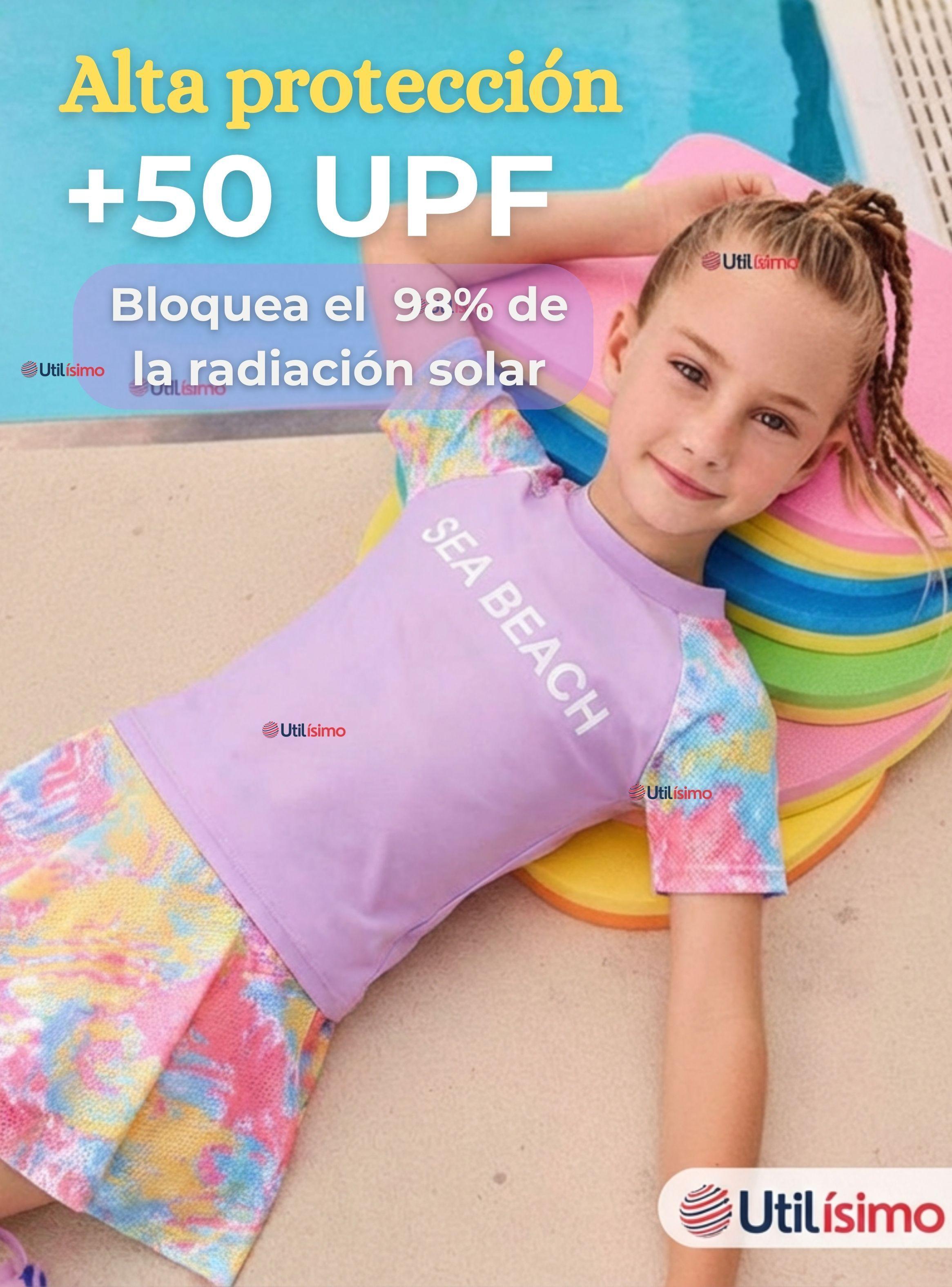 Traje De Baño Manga Corta Pantalón Corto Con Falda 2 Piezas Niña 6 a 13 Años Sea Beach Lila-4
