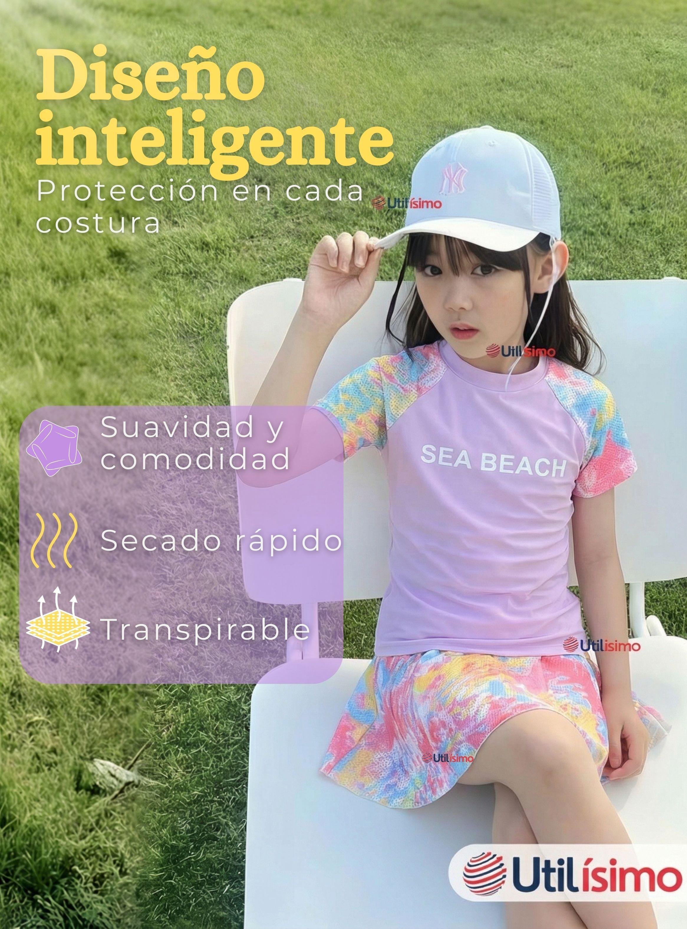 Traje De Baño Manga Corta Pantalón Corto Con Falda 2 Piezas Niña 6 a 13 Años Sea Beach Lila-6