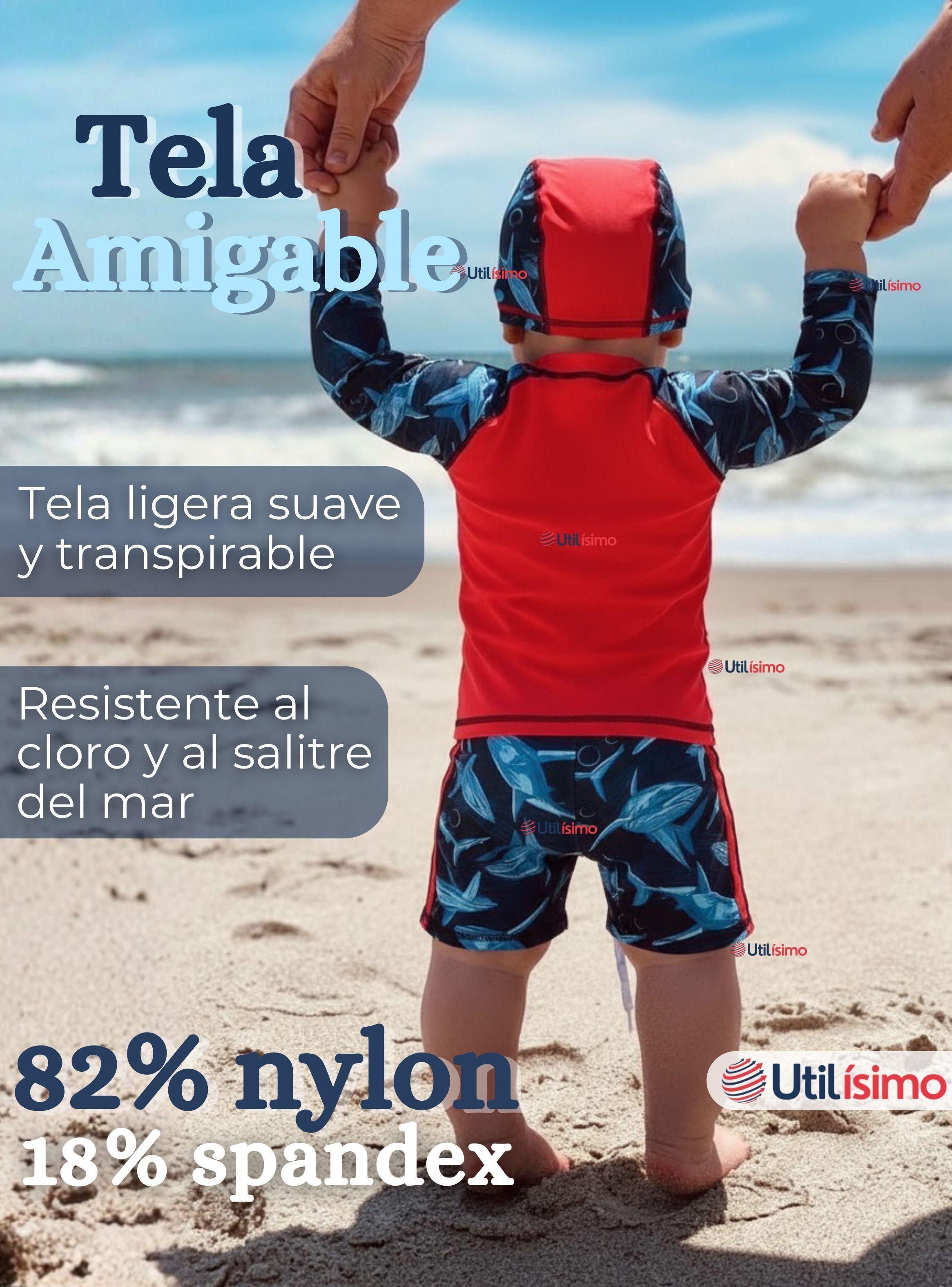 Traje de Baño Con Gorro Pantalón Corto Manga Larga 3 Piezas Corte Split Niño 1 a 5 años Red Whale-6