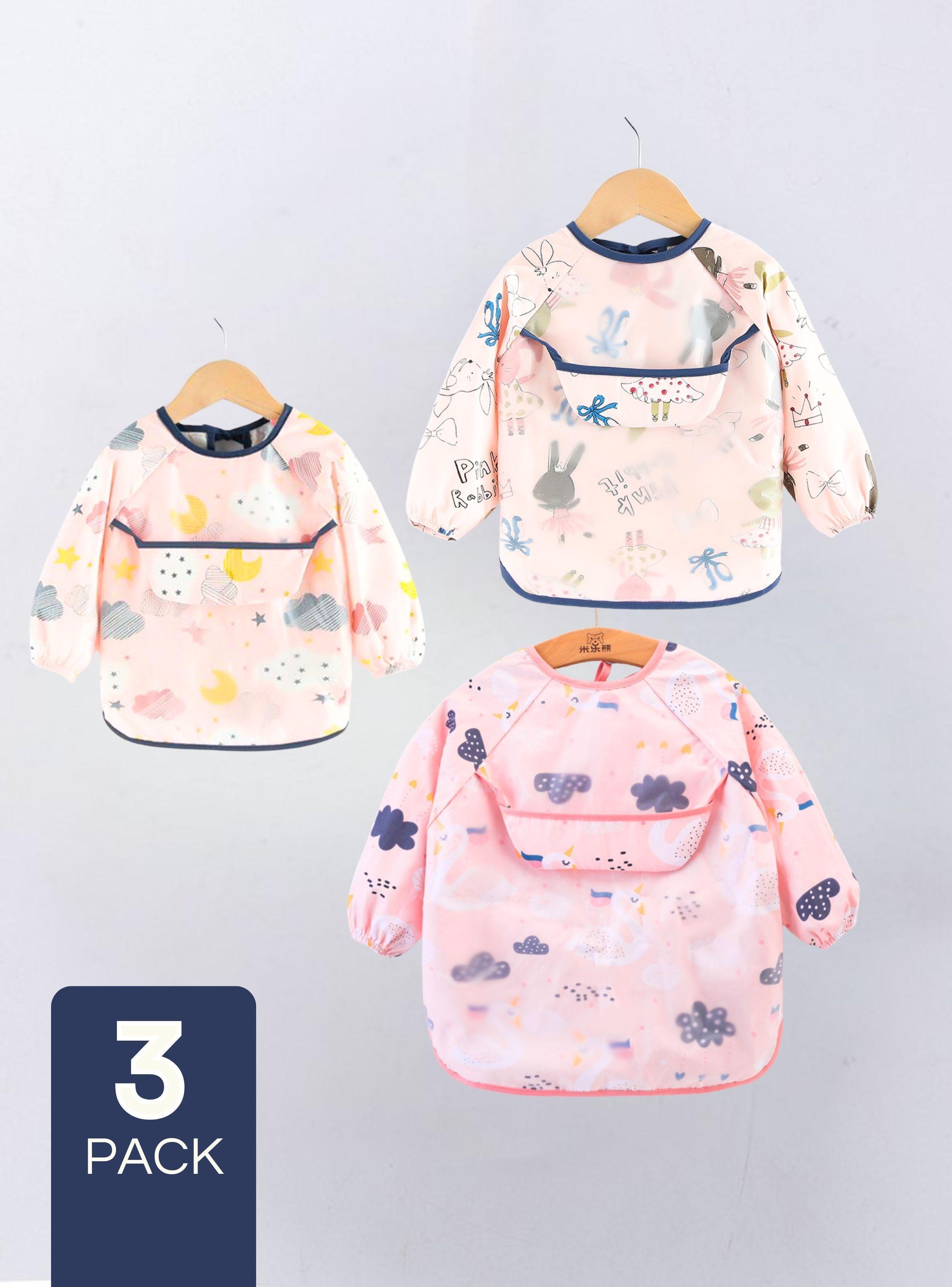Pack 3 Babero Delantal Impermeable Premium Con Mangas Larga Para Bebe Y Niña-0