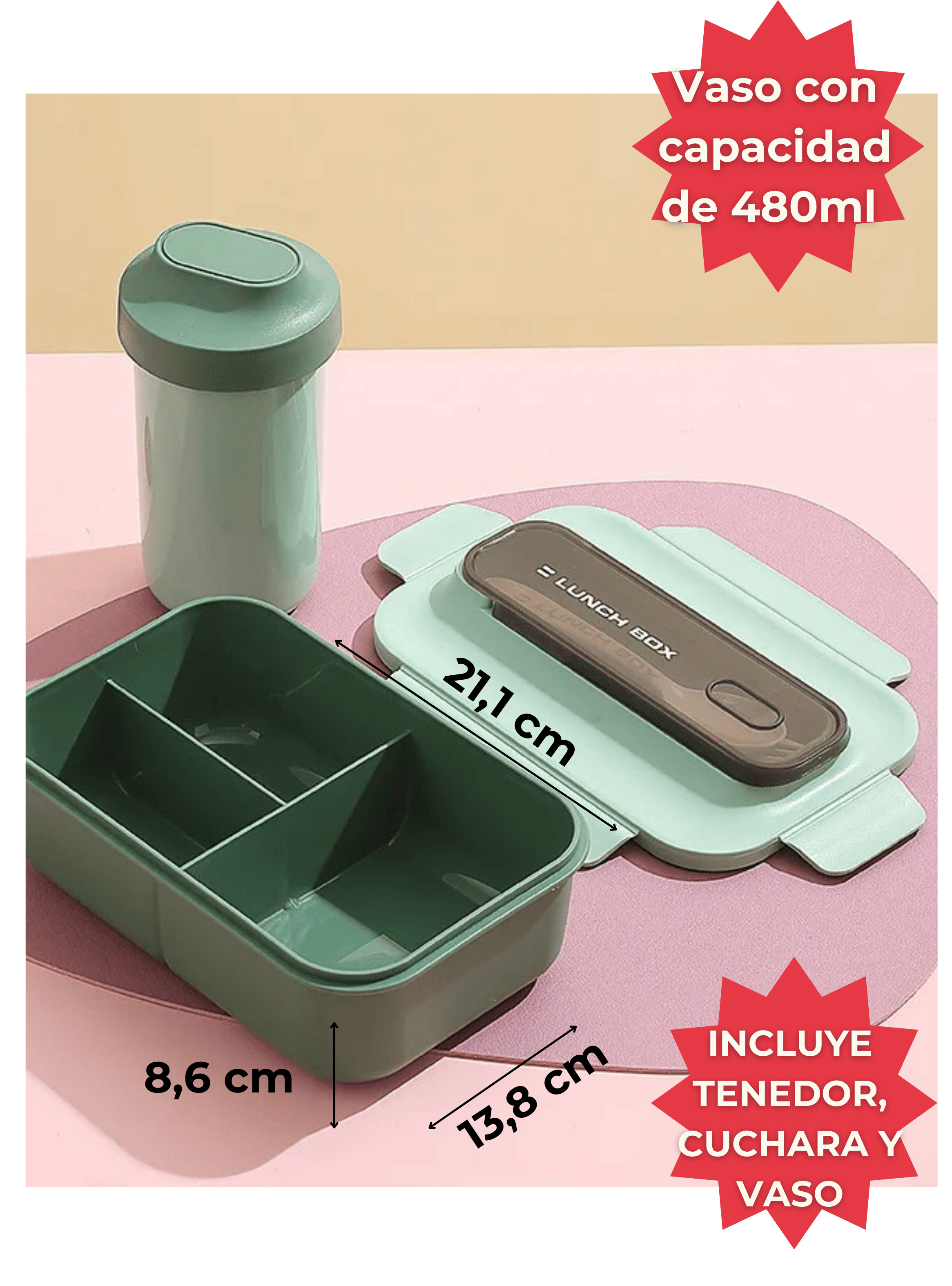 Fiambrera Contenedor 1200 Ml Lunch Box Táper Hermético + Vaso Plástico Green-1