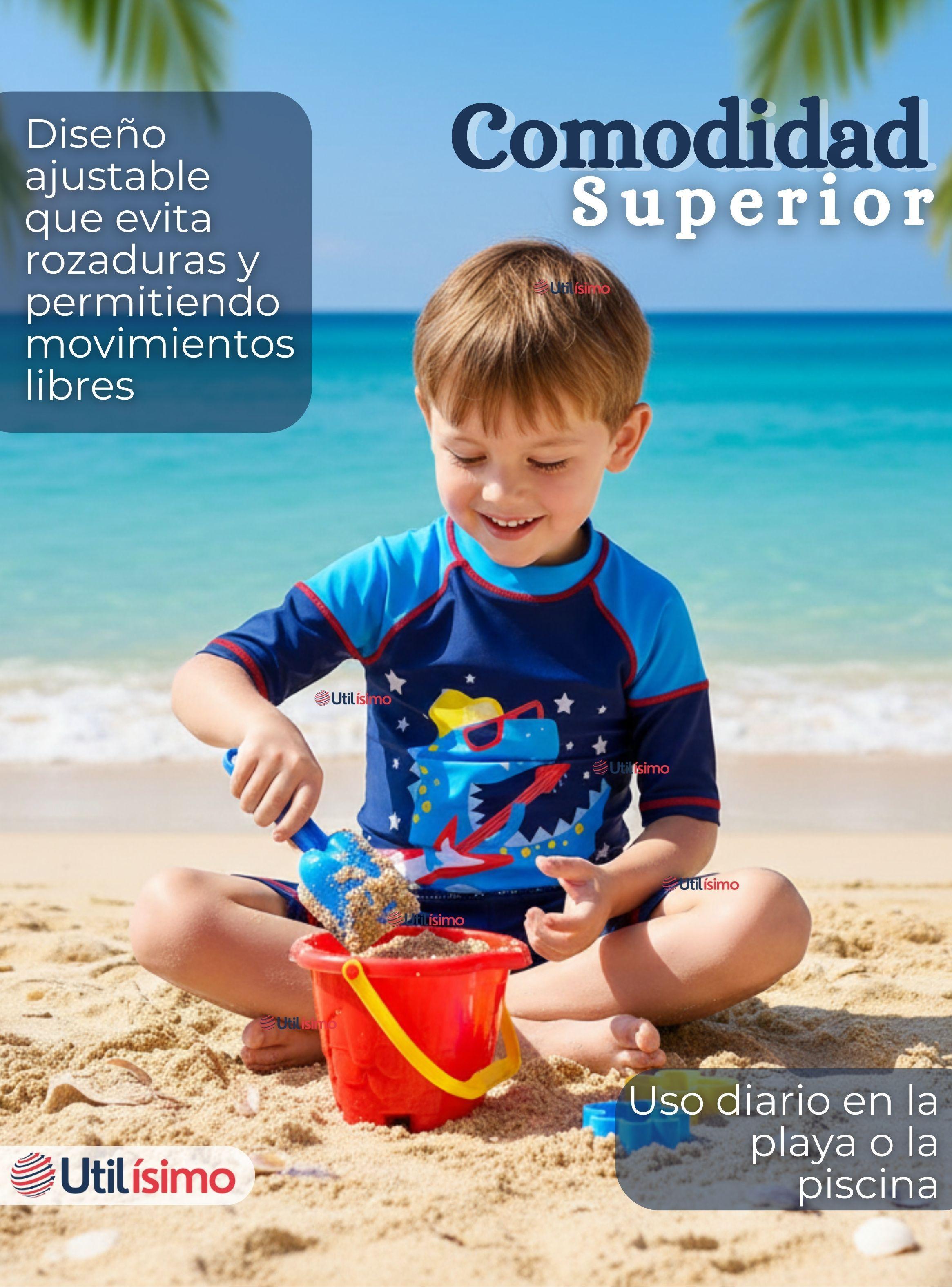 Traje de Baño Enterito Cremallera Manga Corta Con Gorro Niño 2 a 4 años Blue Dinosaur-6