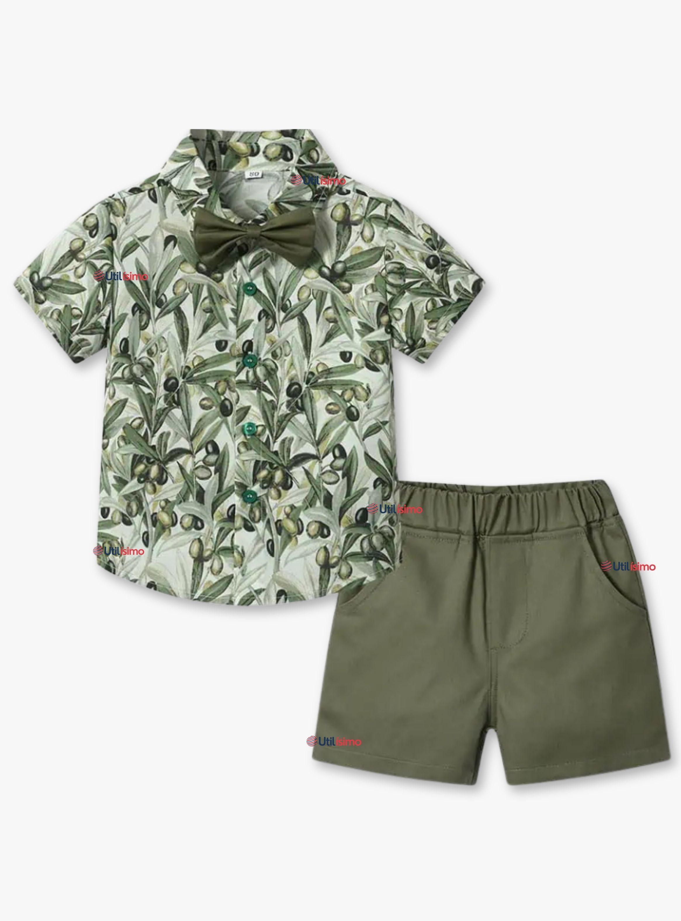 Conjunto de Vestir Camisa Estampada Con Lazo Verde  Y Pantalón Corto Algodón Niño y Bebe-0