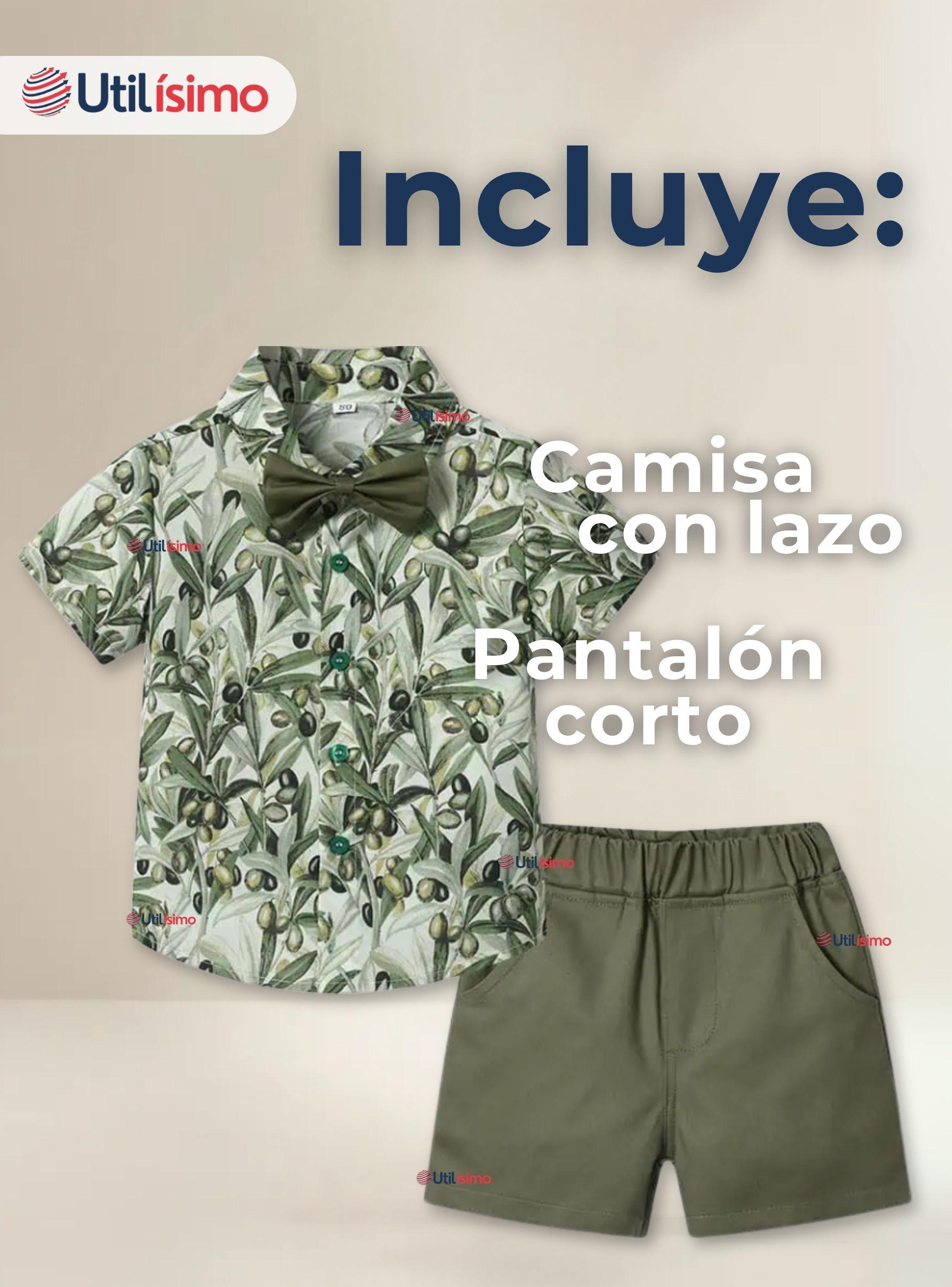 Conjunto de Vestir Camisa Estampada Con Lazo Verde  Y Pantalón Corto Algodón Niño y Bebe-1