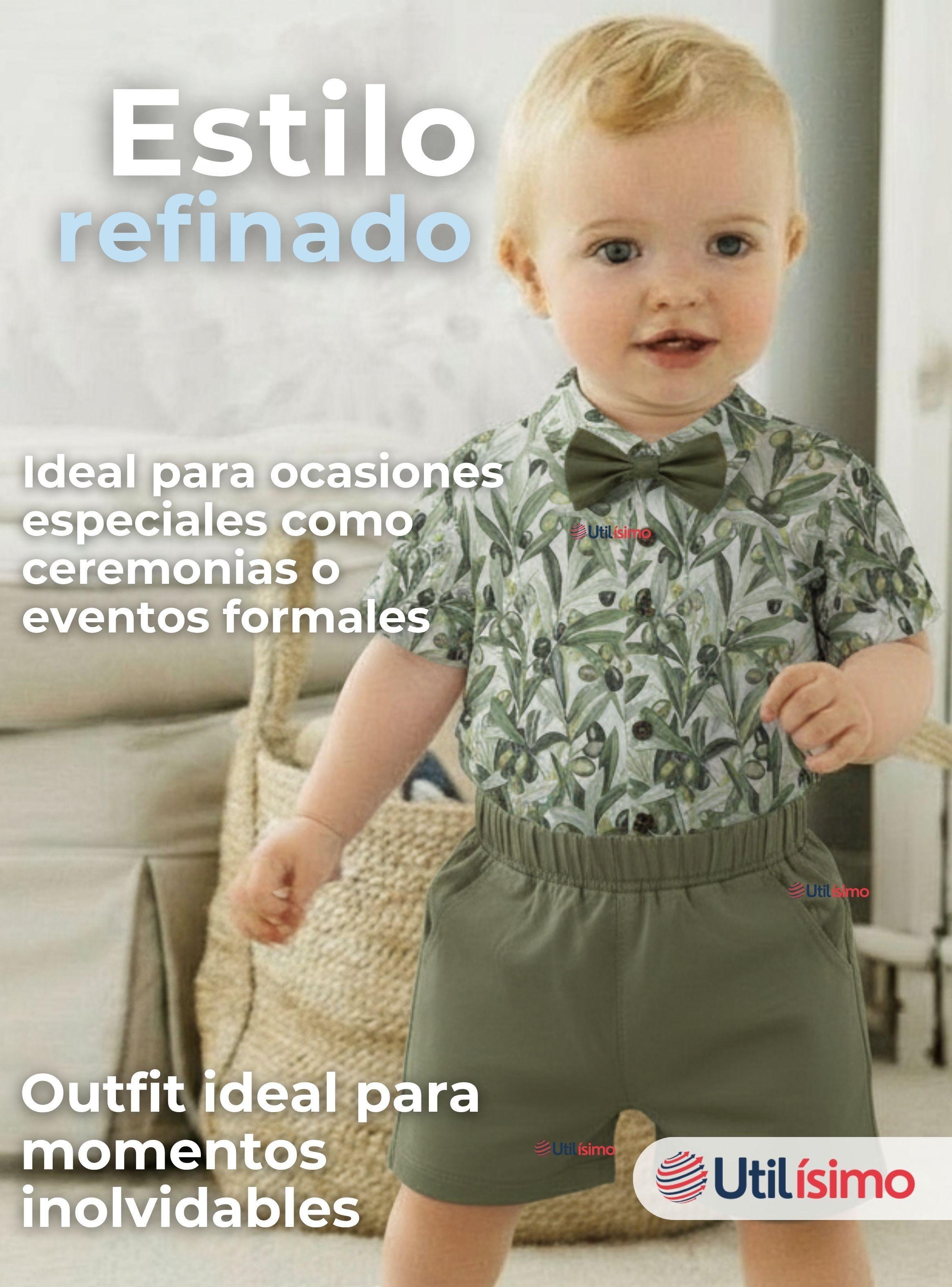 Conjunto de Vestir Camisa Estampada Con Lazo Verde  Y Pantalón Corto Algodón Niño y Bebe-7