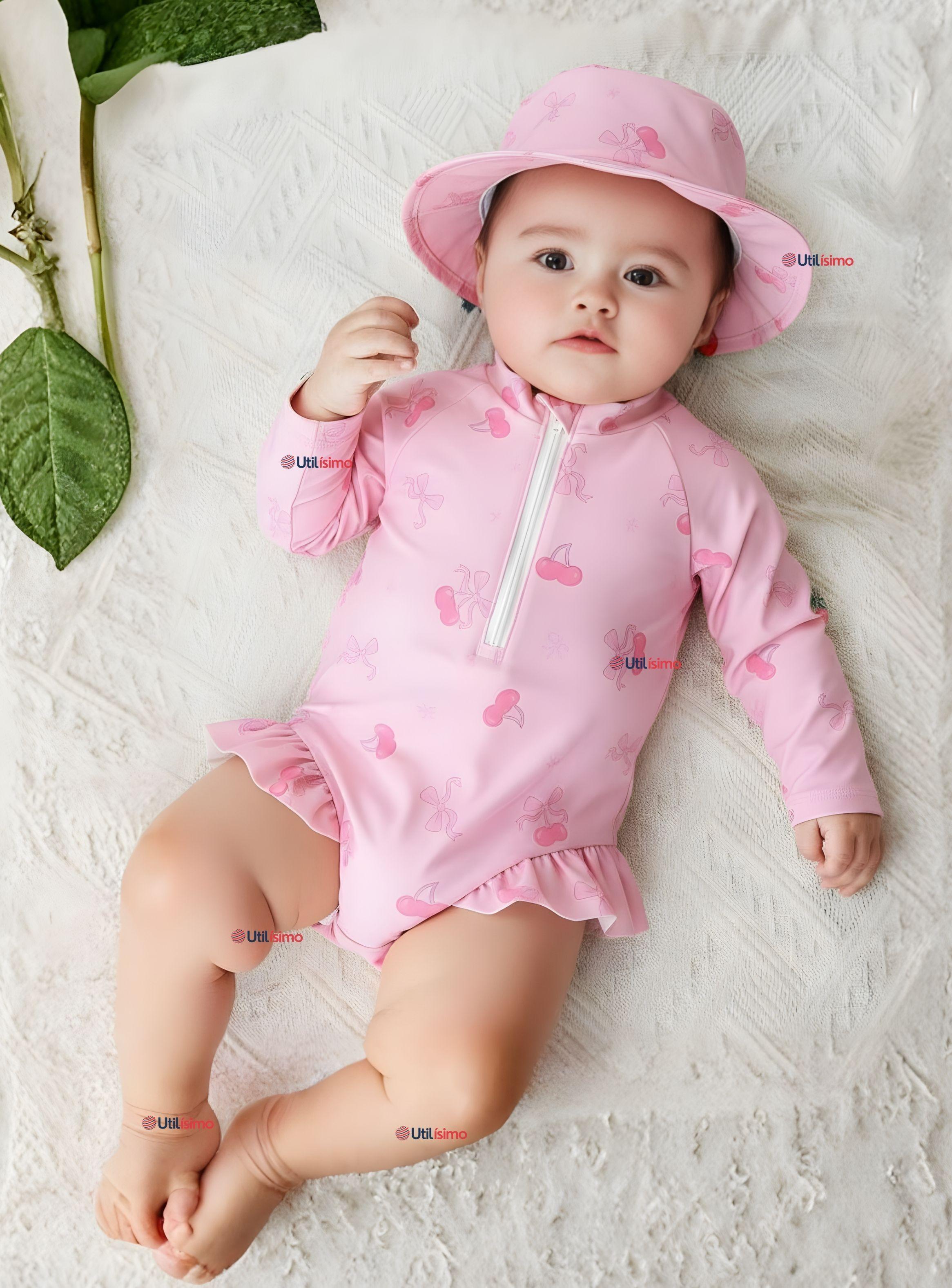 Traje de Baño Enterito Manga Larga Con Gorro 2 Piezas Niña de 9 a 36 Meses Rosado Cereza-0