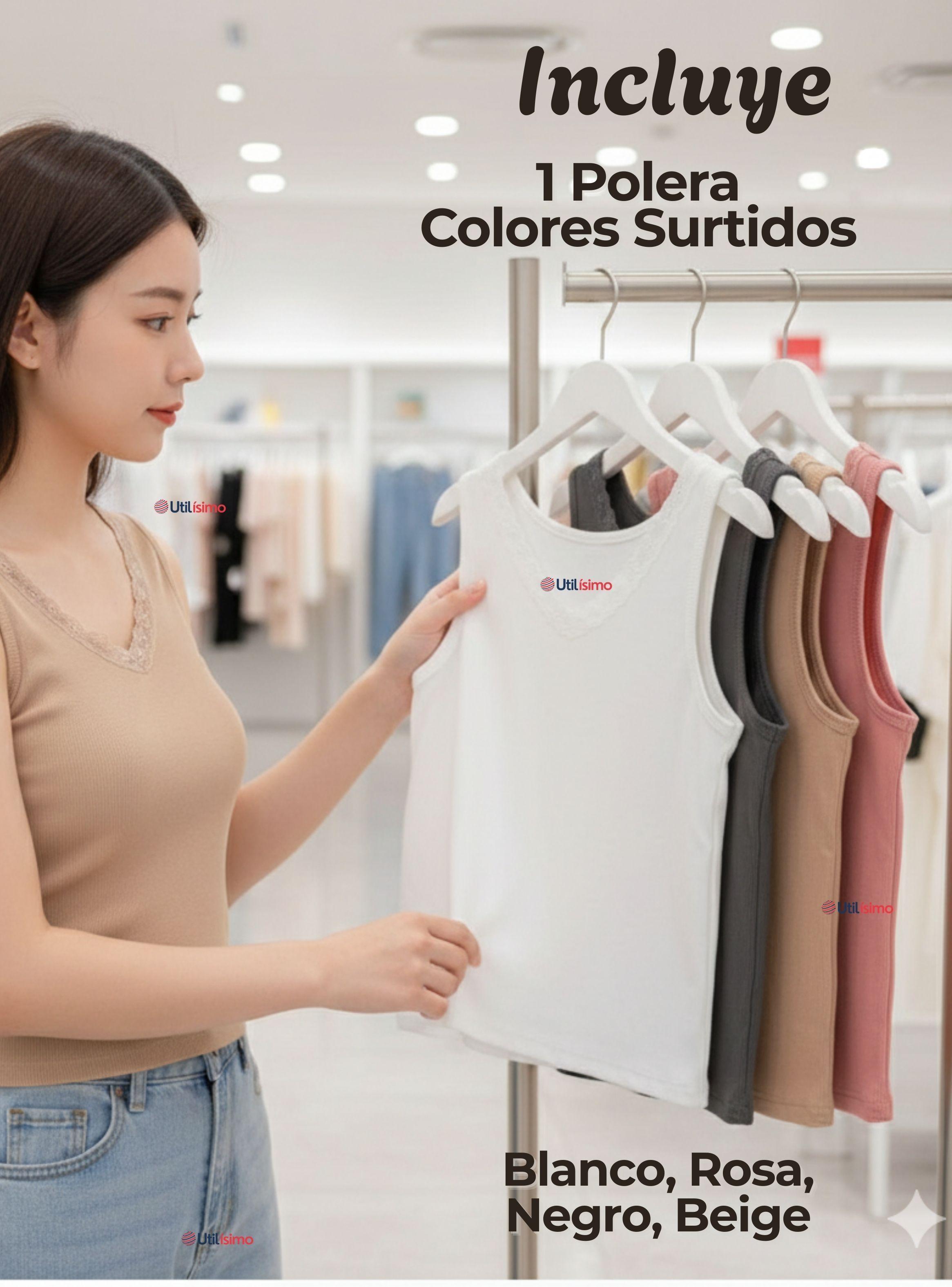 Camiseta Polera Sin Mangas Tela Acanalada de Algodón Cuello en V Mujer Colores Surtidos-1