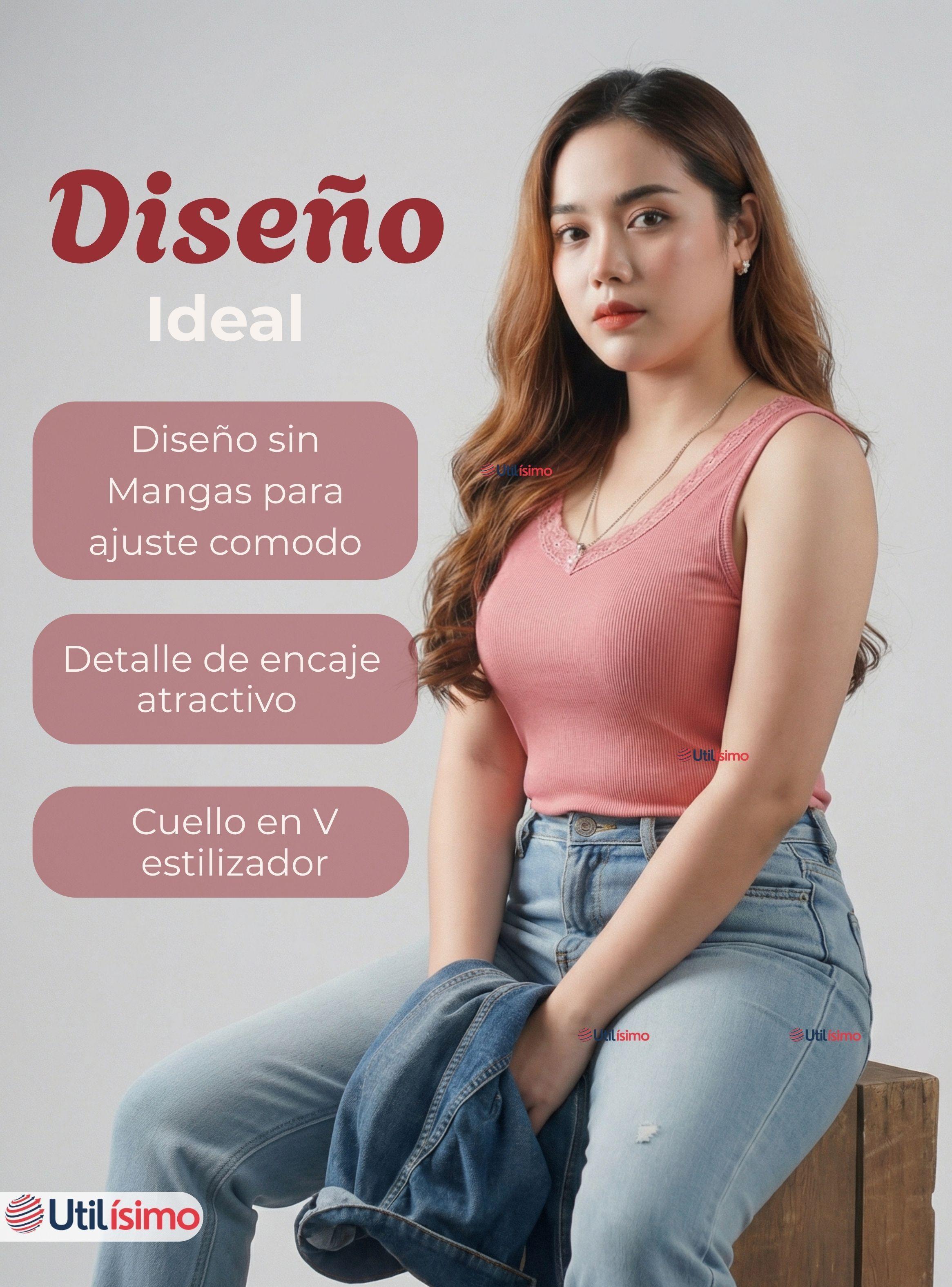 Camiseta Polera Sin Mangas Tela Acanalada de Algodón Cuello en V Mujer Colores Surtidos-7