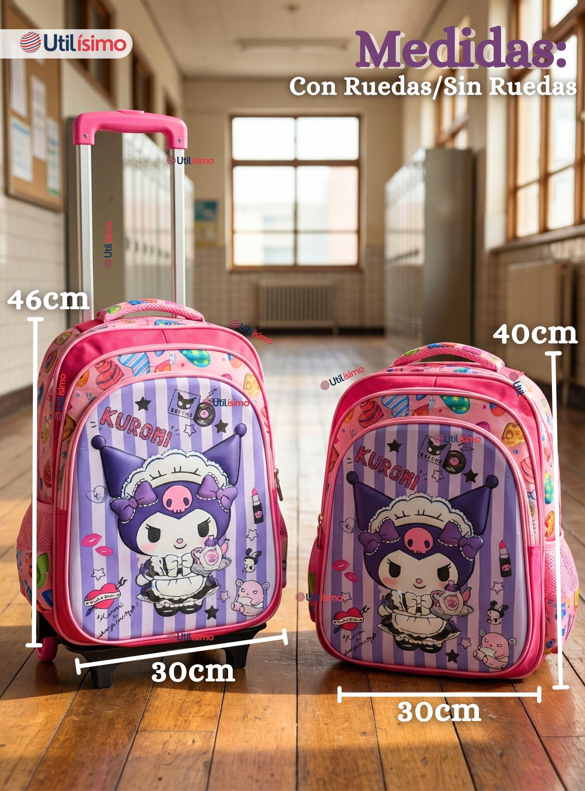 Mochila Escolar Kuromi 3D Con Ruedas Desmontable + Estuche + Lonchera Poliéster Morado Niña-3