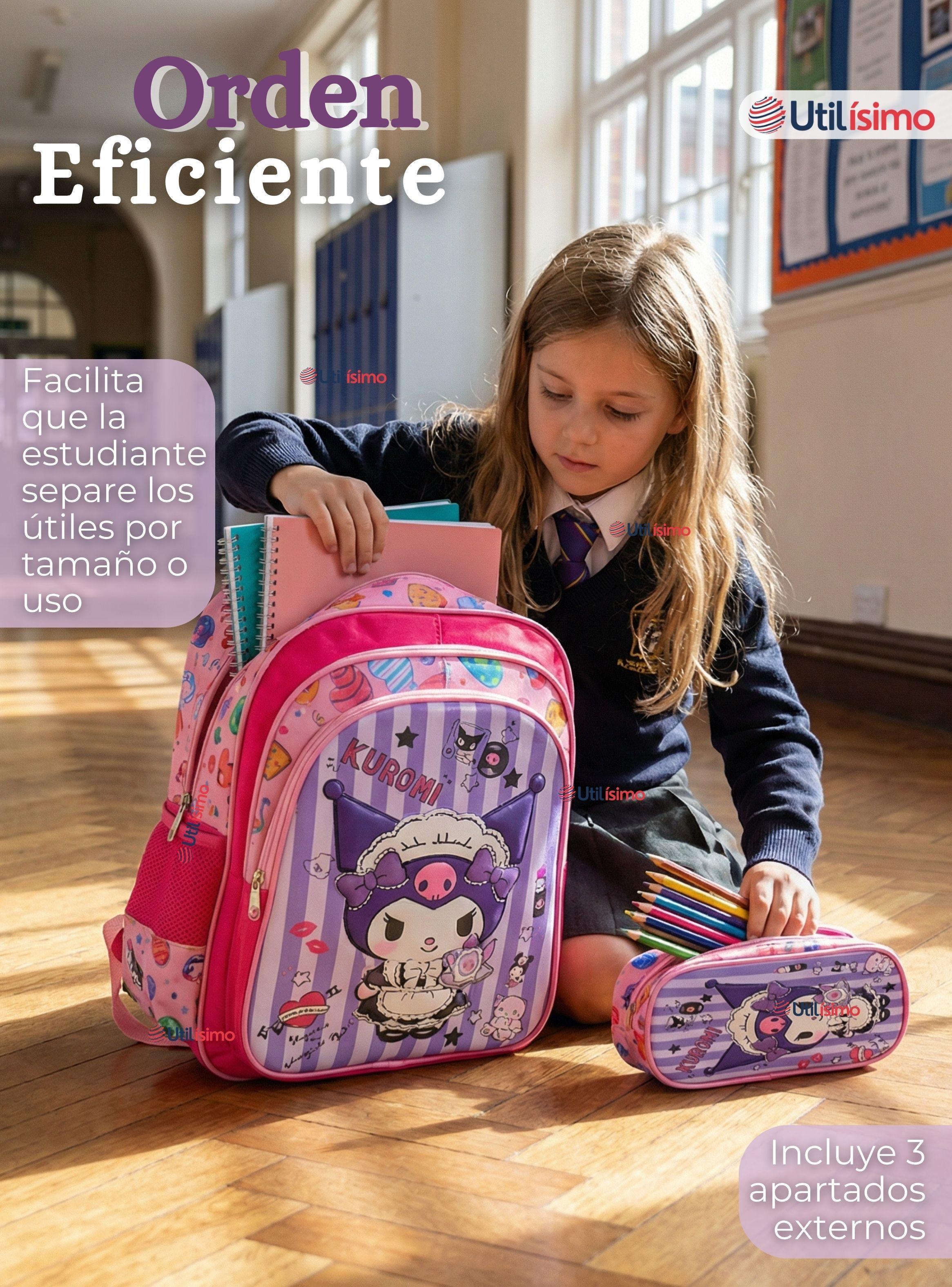 Mochila Escolar Kuromi 3D Con Ruedas Desmontable + Estuche + Lonchera Poliéster Morado Niña-6