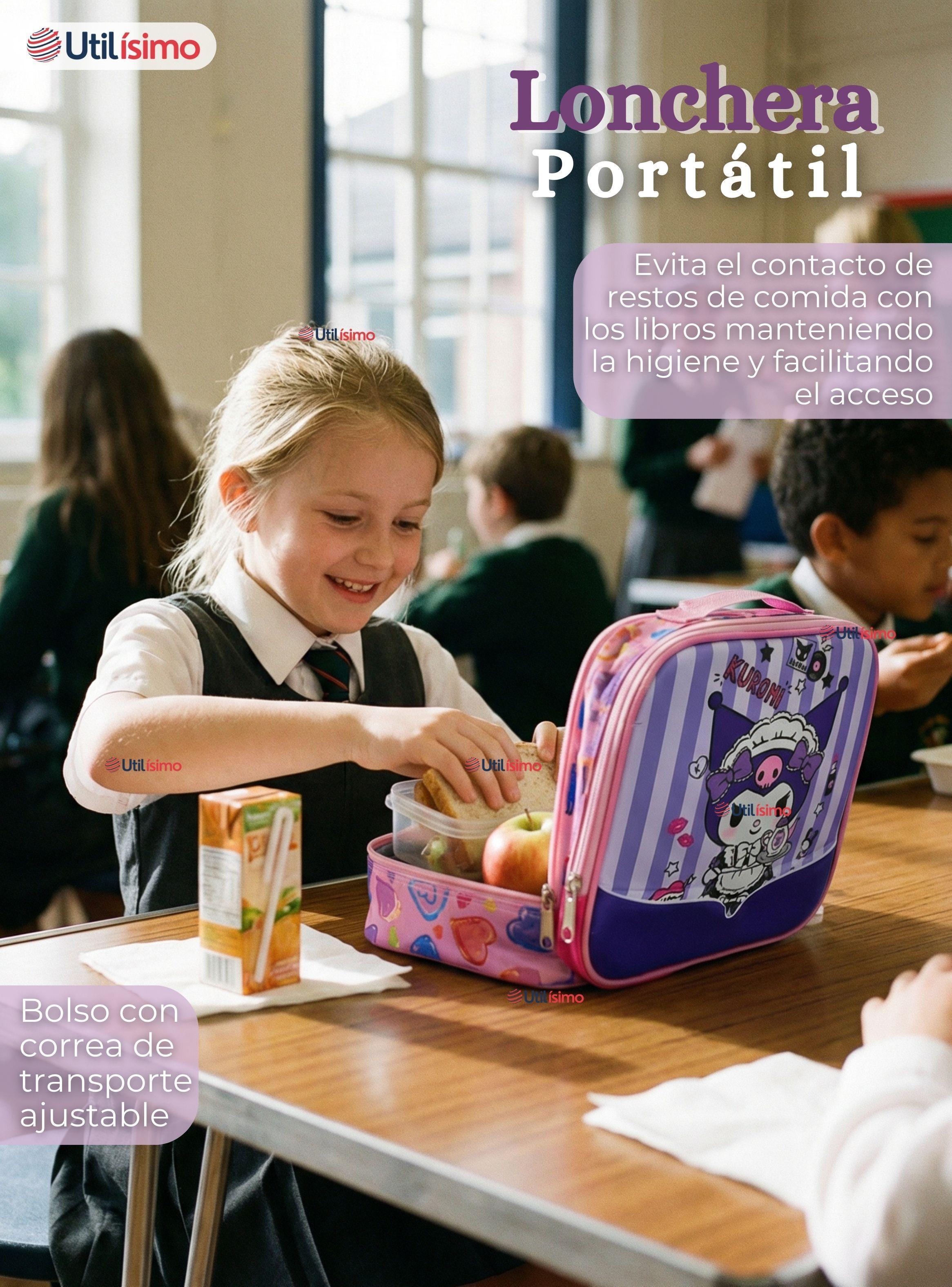 Mochila Escolar Kuromi 3D Con Ruedas Desmontable + Estuche + Lonchera Poliéster Morado Niña-7