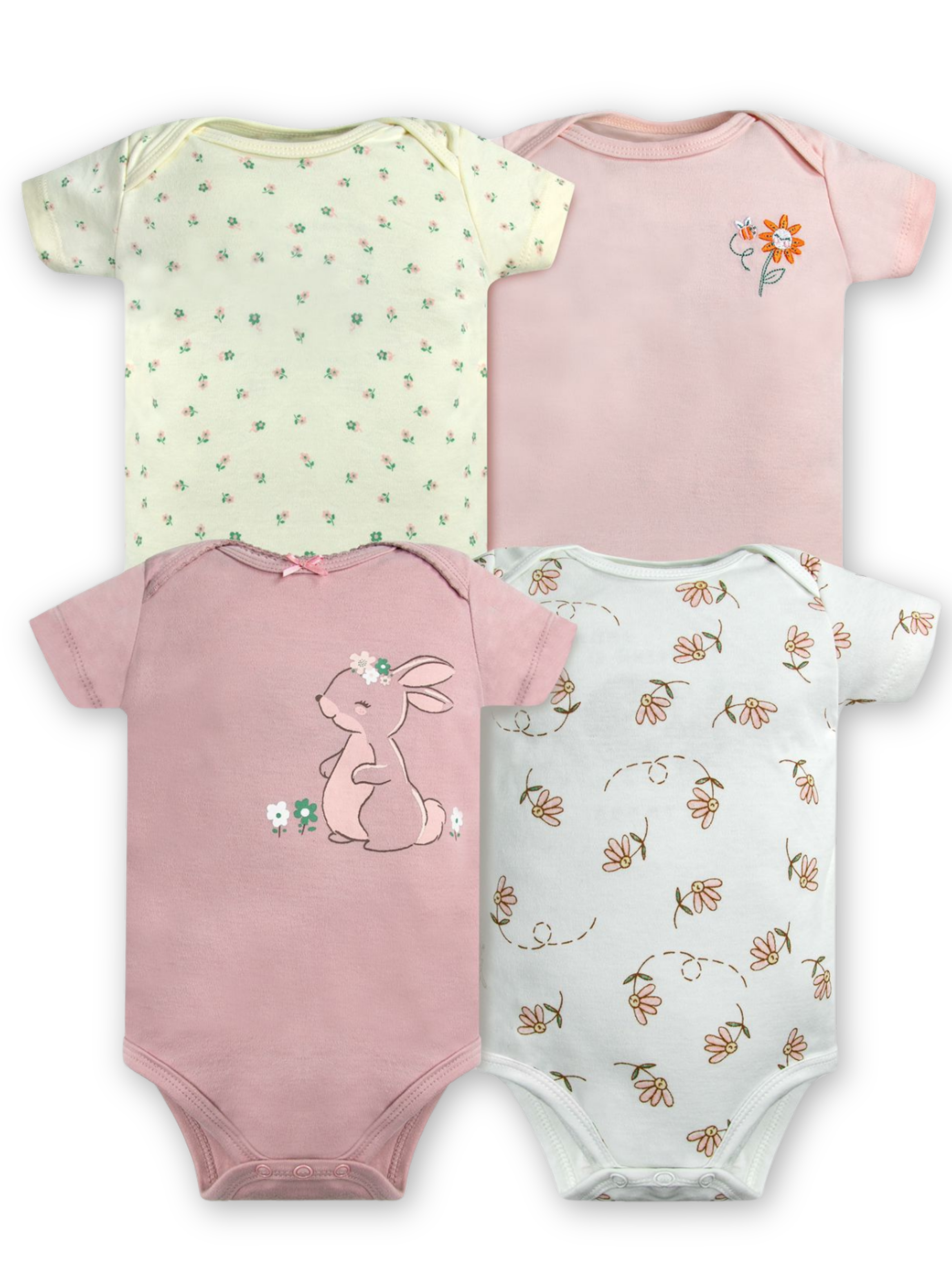 Pack 4 Bodys Niña Manga Corta Tedmimak 100% Algodón Conejos Rosa-0