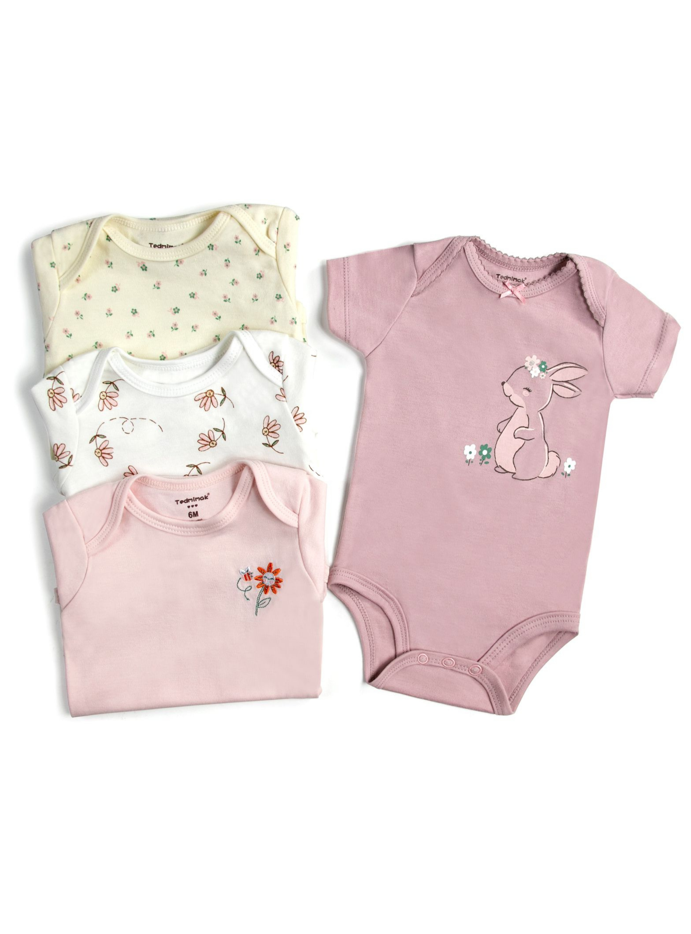 Pack 4 Bodys Niña Manga Corta Tedmimak 100% Algodón Conejos Rosa-1