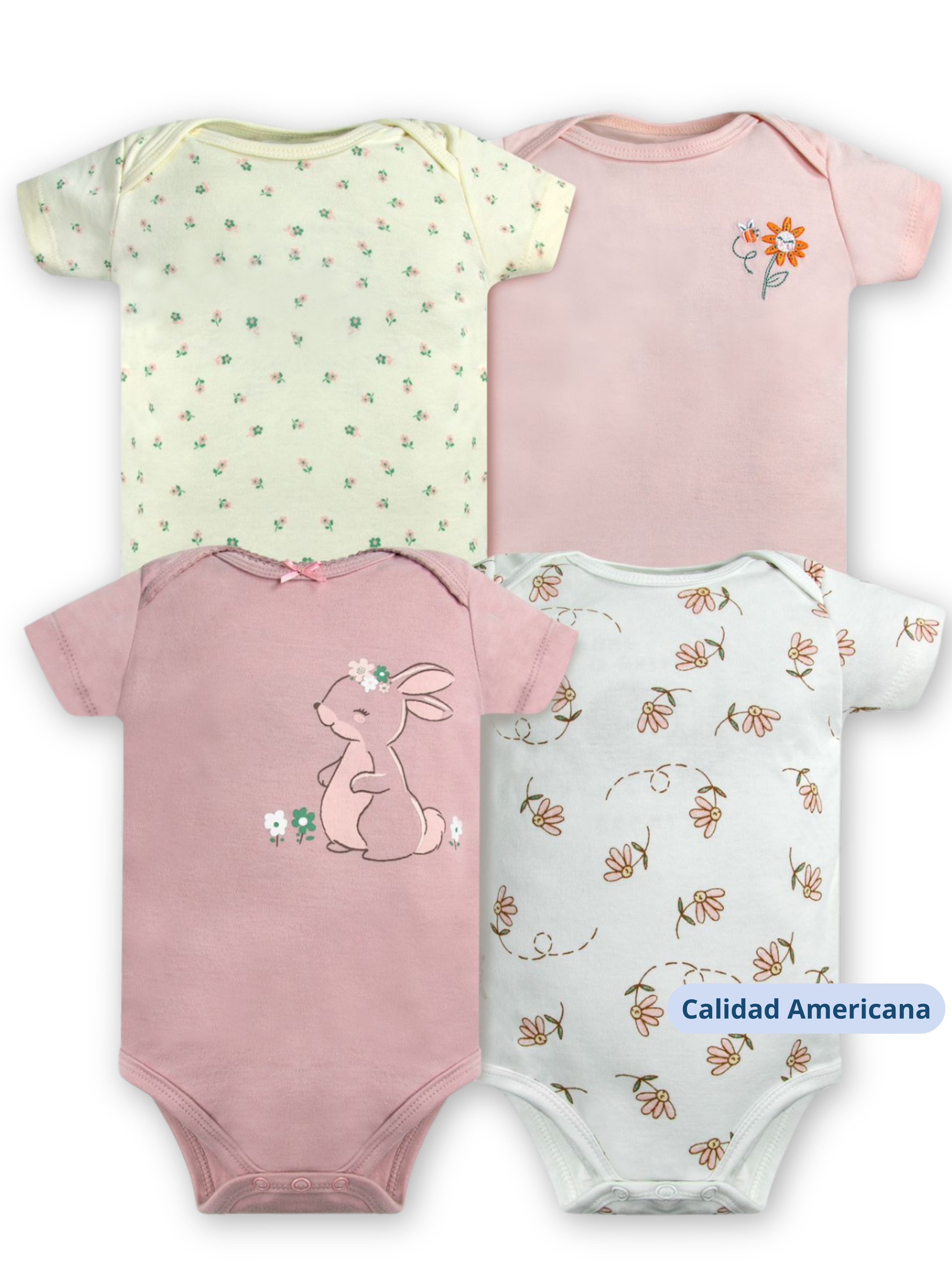 Pack 4 Bodys Niña Manga Corta Tedmimak 100% Algodón Conejos Rosa-3