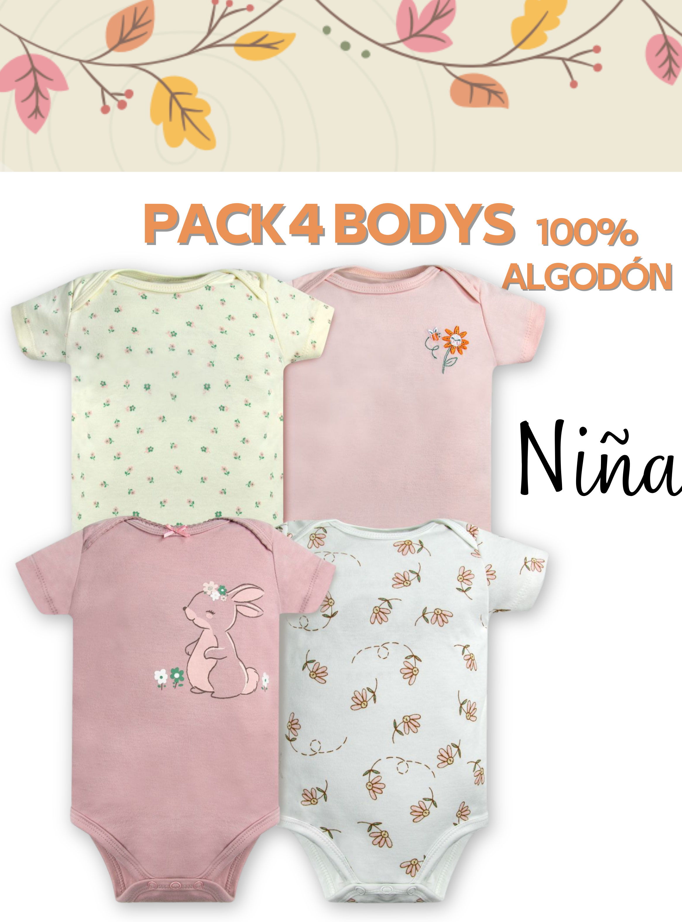 Pack 4 Bodys Niña Manga Corta Tedmimak 100% Algodón Conejos Rosa-4