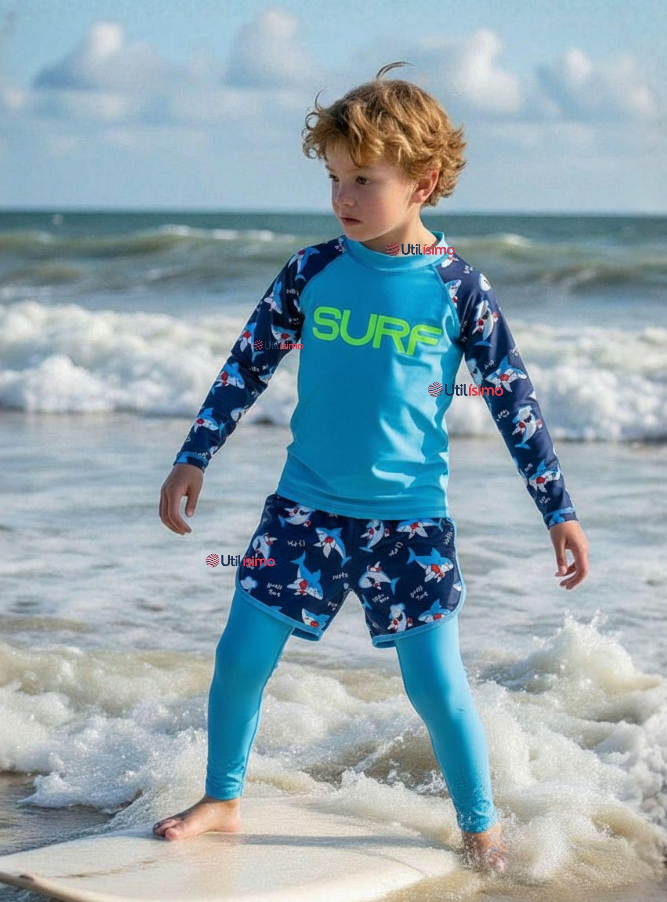 Traje De Baño Polera Manga Larga Pantalón Largo y Corto Niño de 3 a 11 Años Blue Surf-0