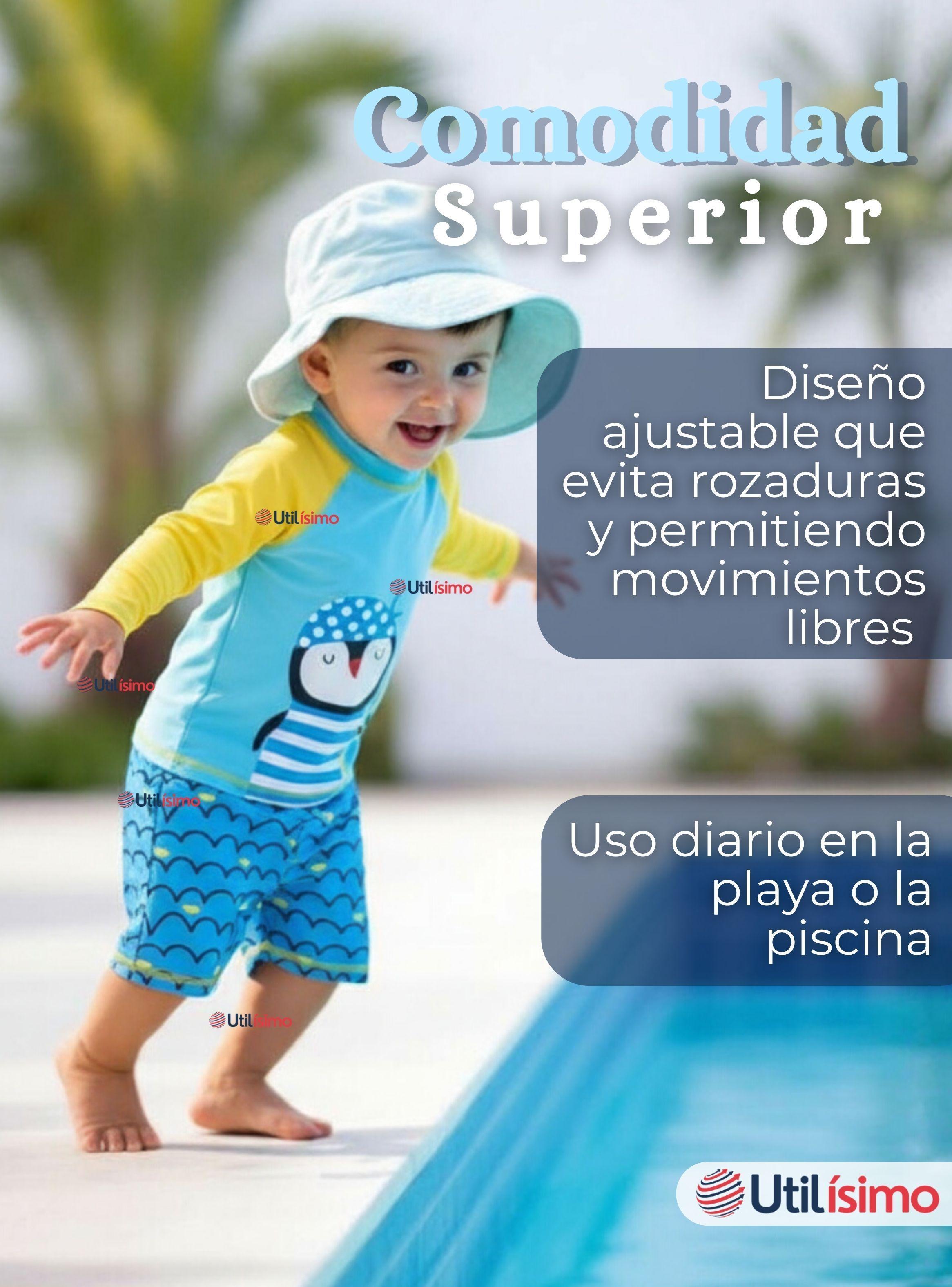 Traje de Baño Manga Larga Pantalón Corto 2 Piezas Corte Split Para Niños de 3 a 9 años Blue Penguin-6