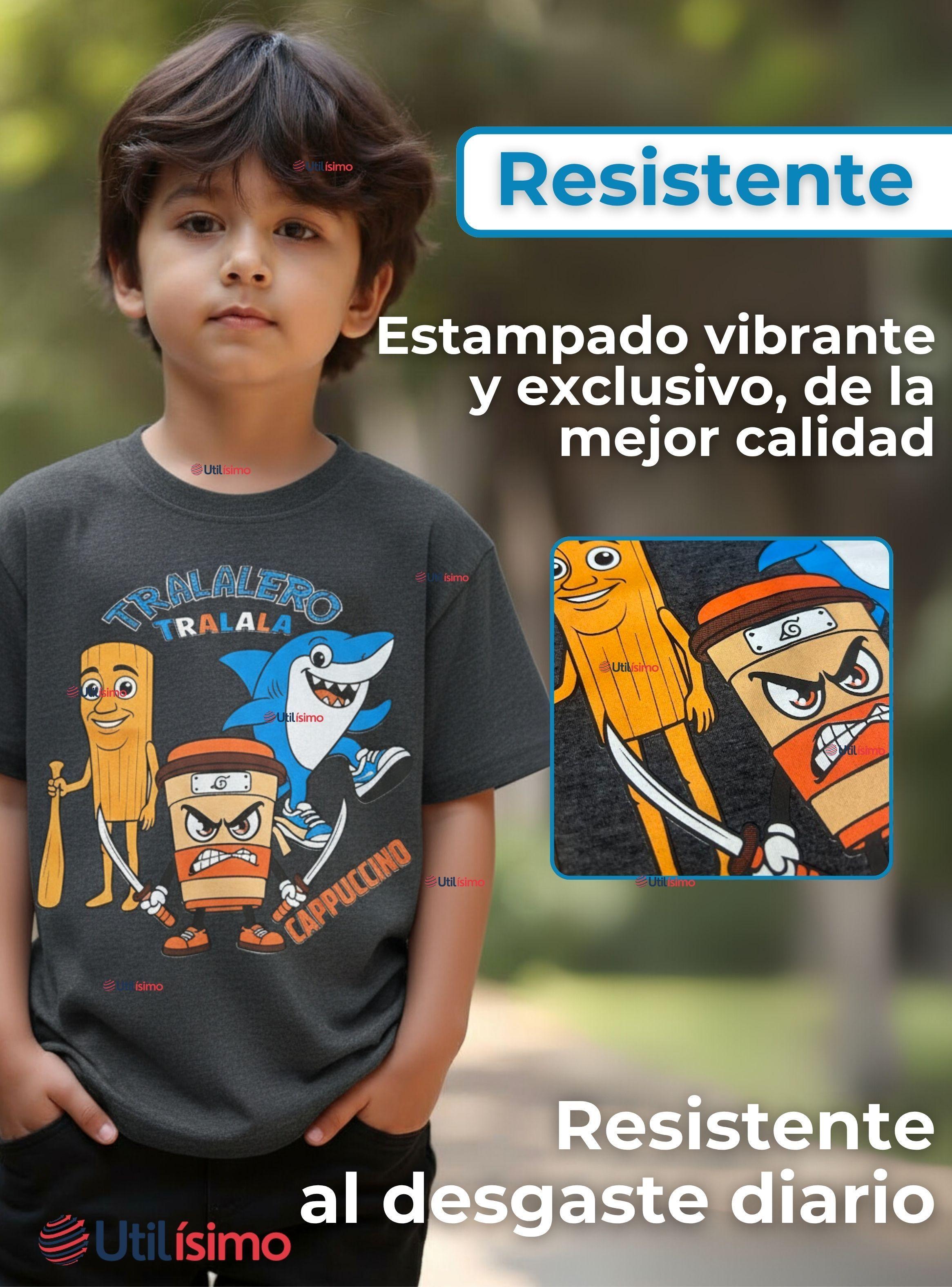 Polera Brainrots 100% Algodón Manga Corta Niño Tralalero Gris Oscuro-3