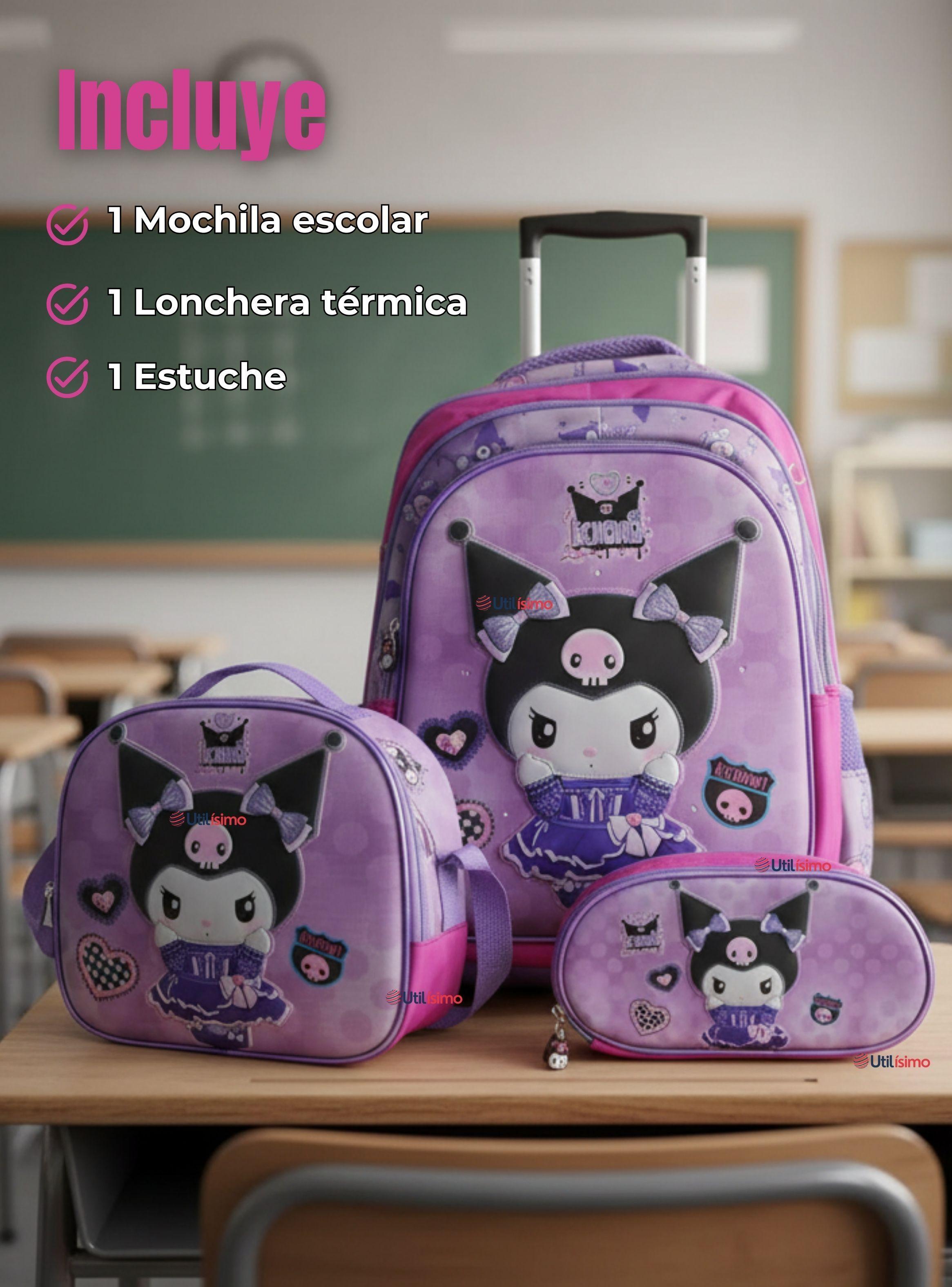 Mochila Kuromi Escolar Con Ruedas + Estuche + Lonchera Desmontable Poliéster Lila Niña-1