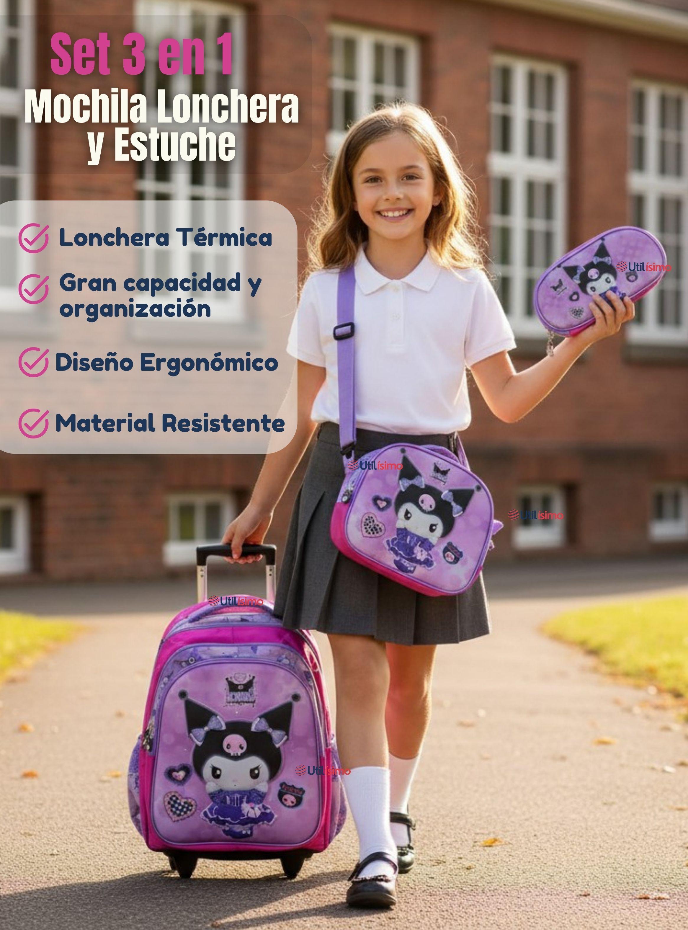 Mochila Kuromi Escolar Con Ruedas + Estuche + Lonchera Desmontable Poliéster Lila Niña-2