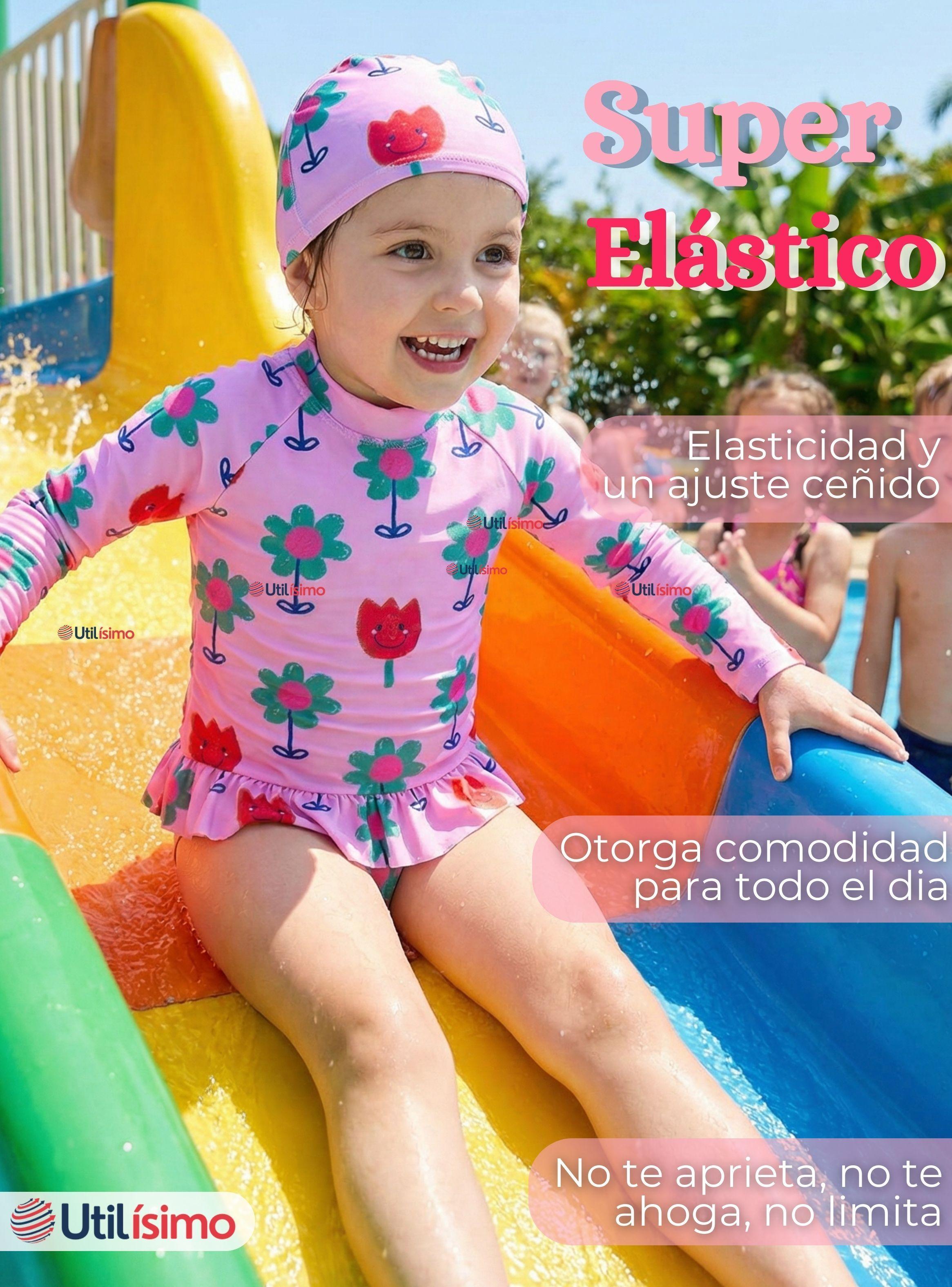 Traje de Baño Enterito Cremallera Manga Larga Con Gorro para Niñas 1 a 6 años Pink Flowers-5