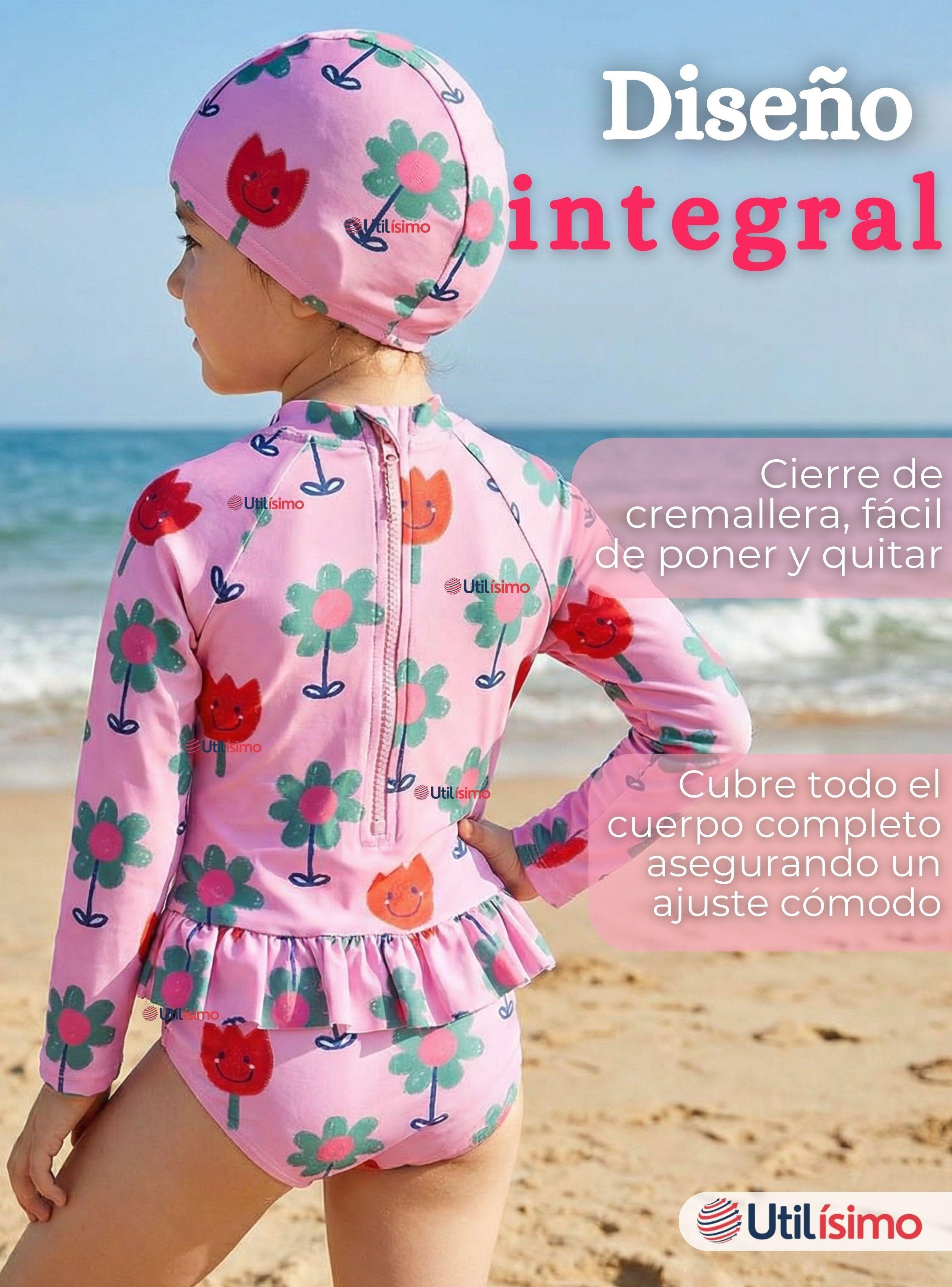 Traje de Baño Enterito Cremallera Manga Larga Con Gorro para Niñas 1 a 6 años Pink Flowers-7