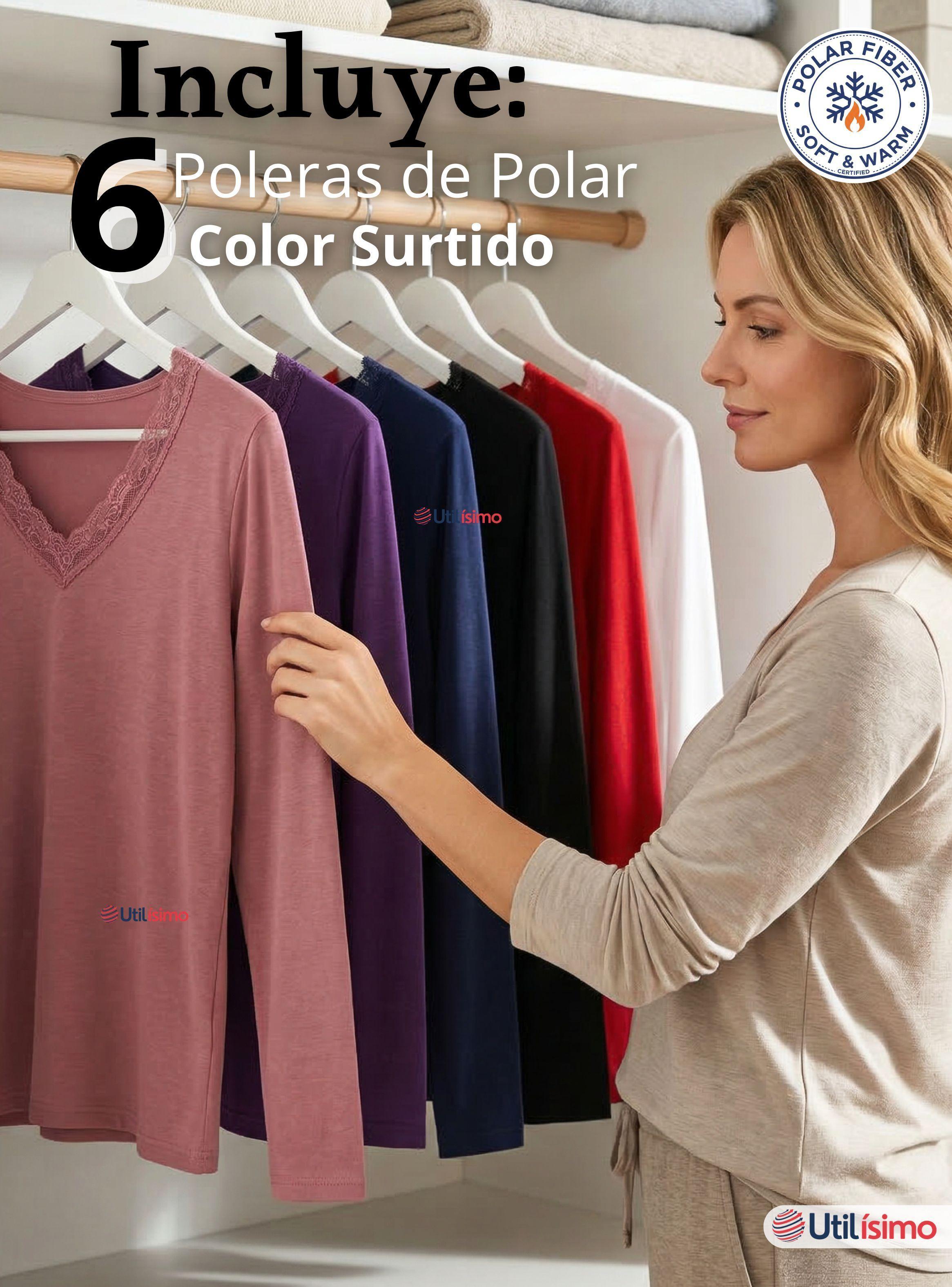 Pack 6 Camisetas Polera Polar Cuello V Manga Larga Con Encaje Colores Surtidos Mujer-2